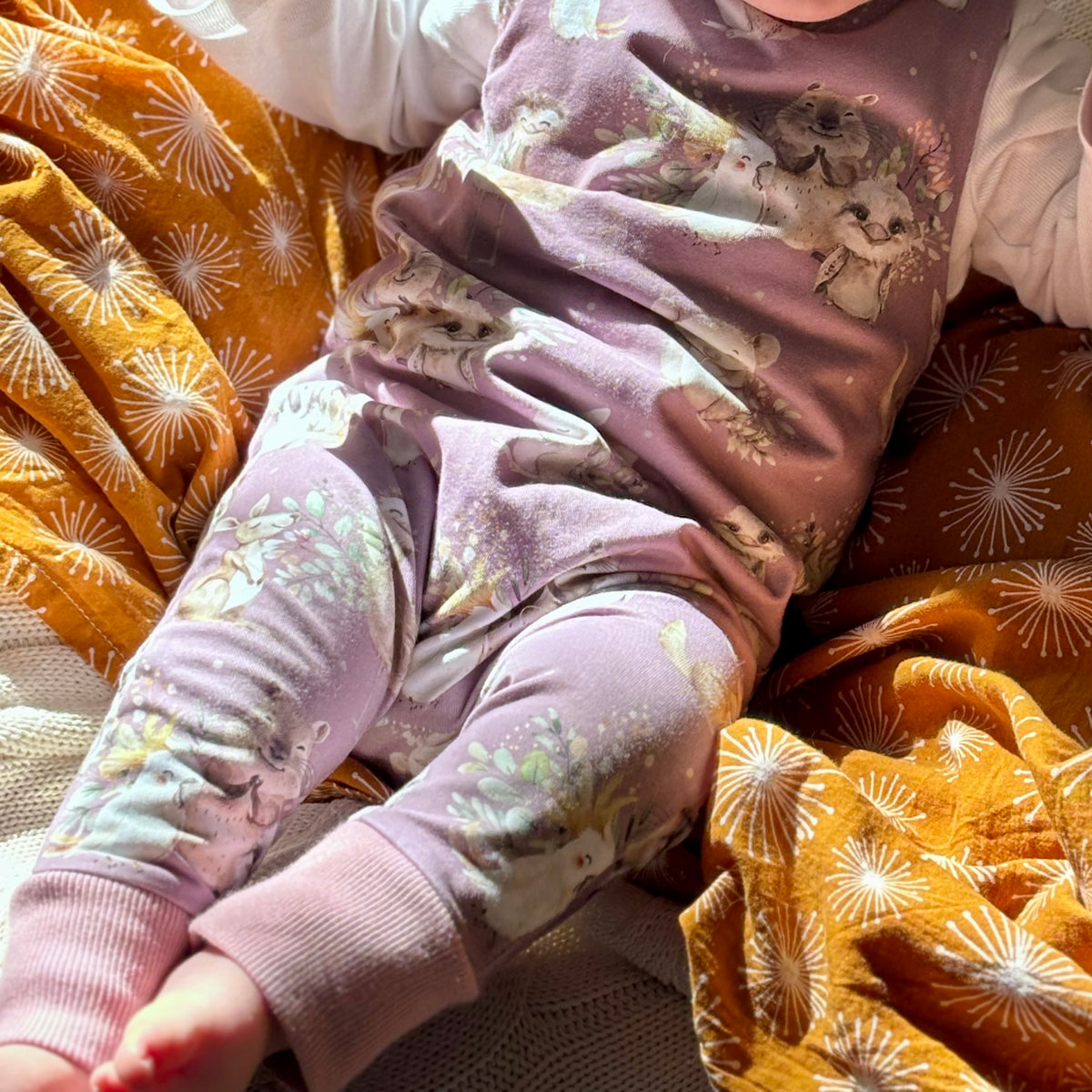 Baby Stretch Overalls | Purple Australian Animals | Size 000 to 3 | Made to order