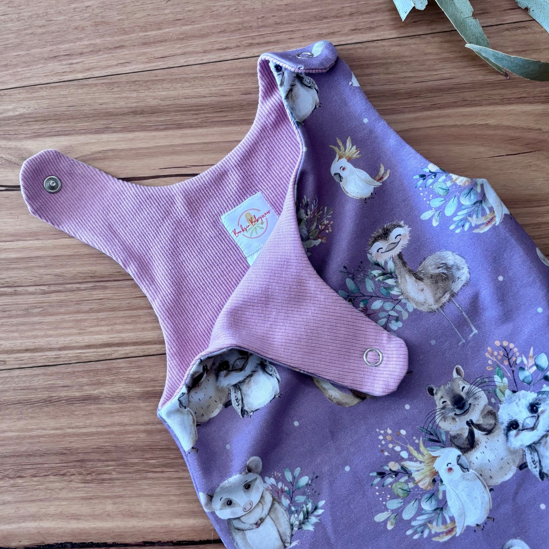 Baby Stretch Overalls | Purple Australian Animals | Size 000 to 3 | Made to order