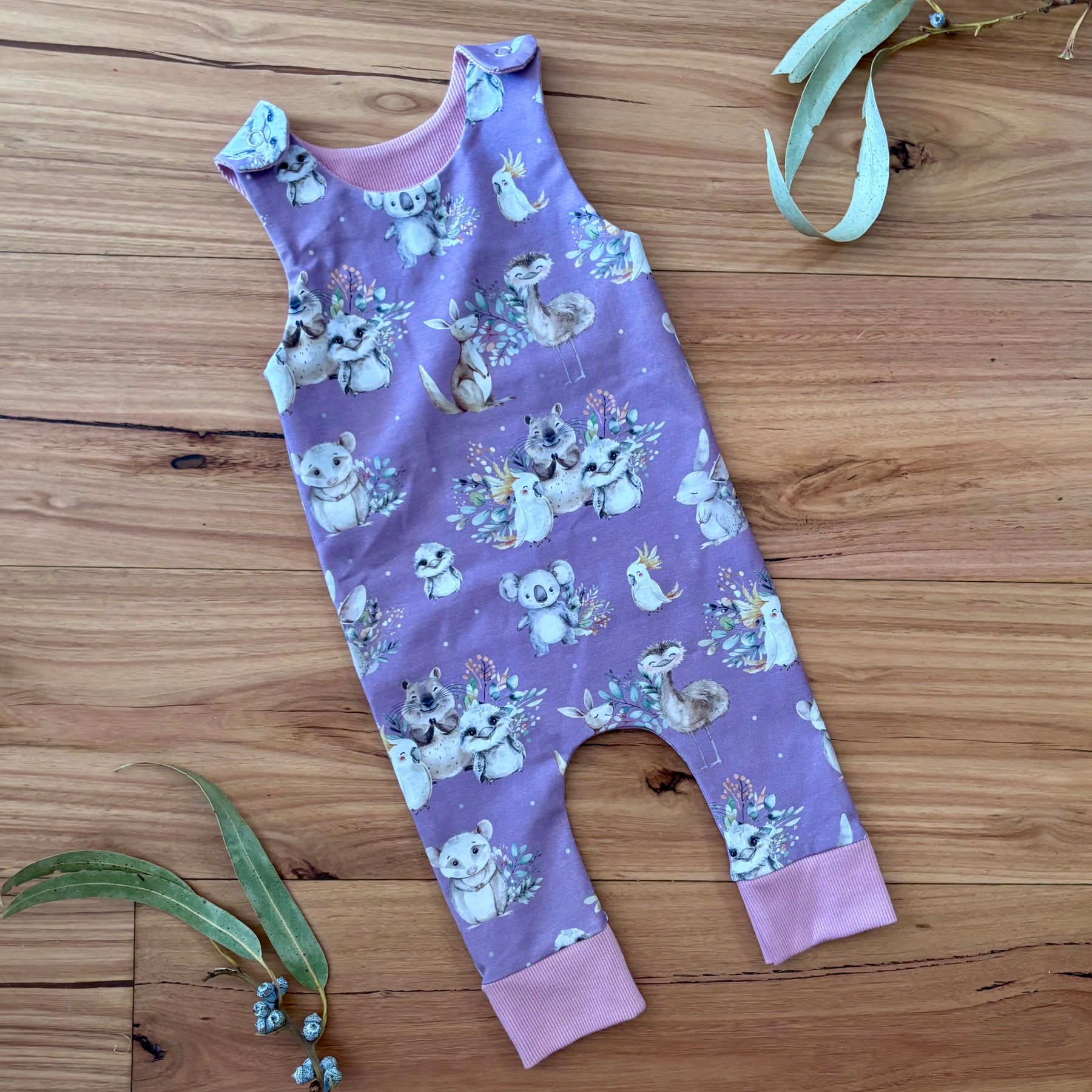 Baby Stretch Overalls - Purple Australian Animals
