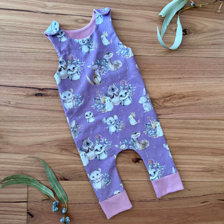 Baby Stretch Overalls - Purple Australian Animals