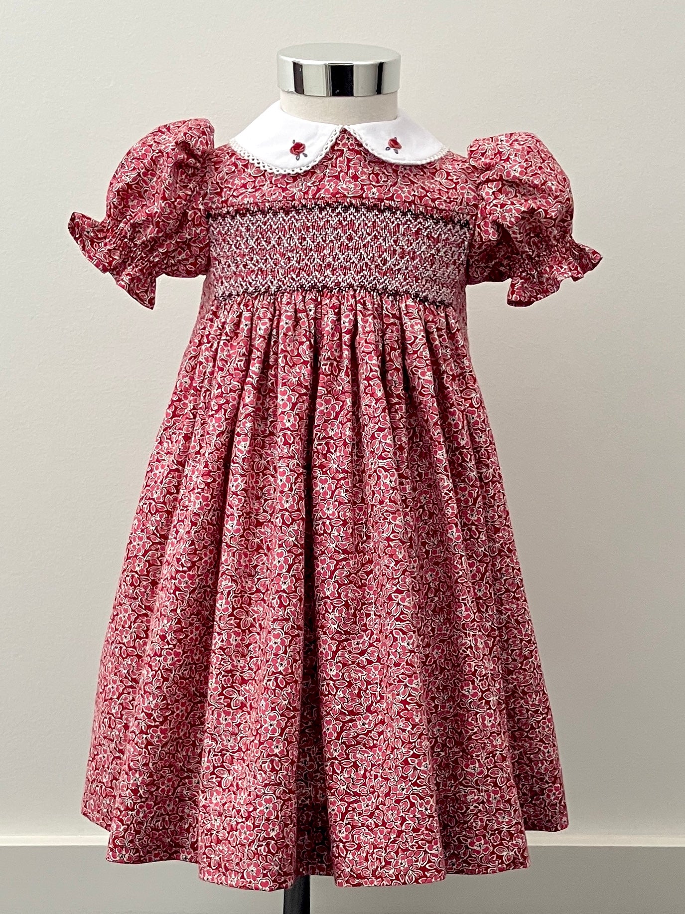 Hand-smocked and embroidered Christmas dress - size 2 - Liberty floral fabric