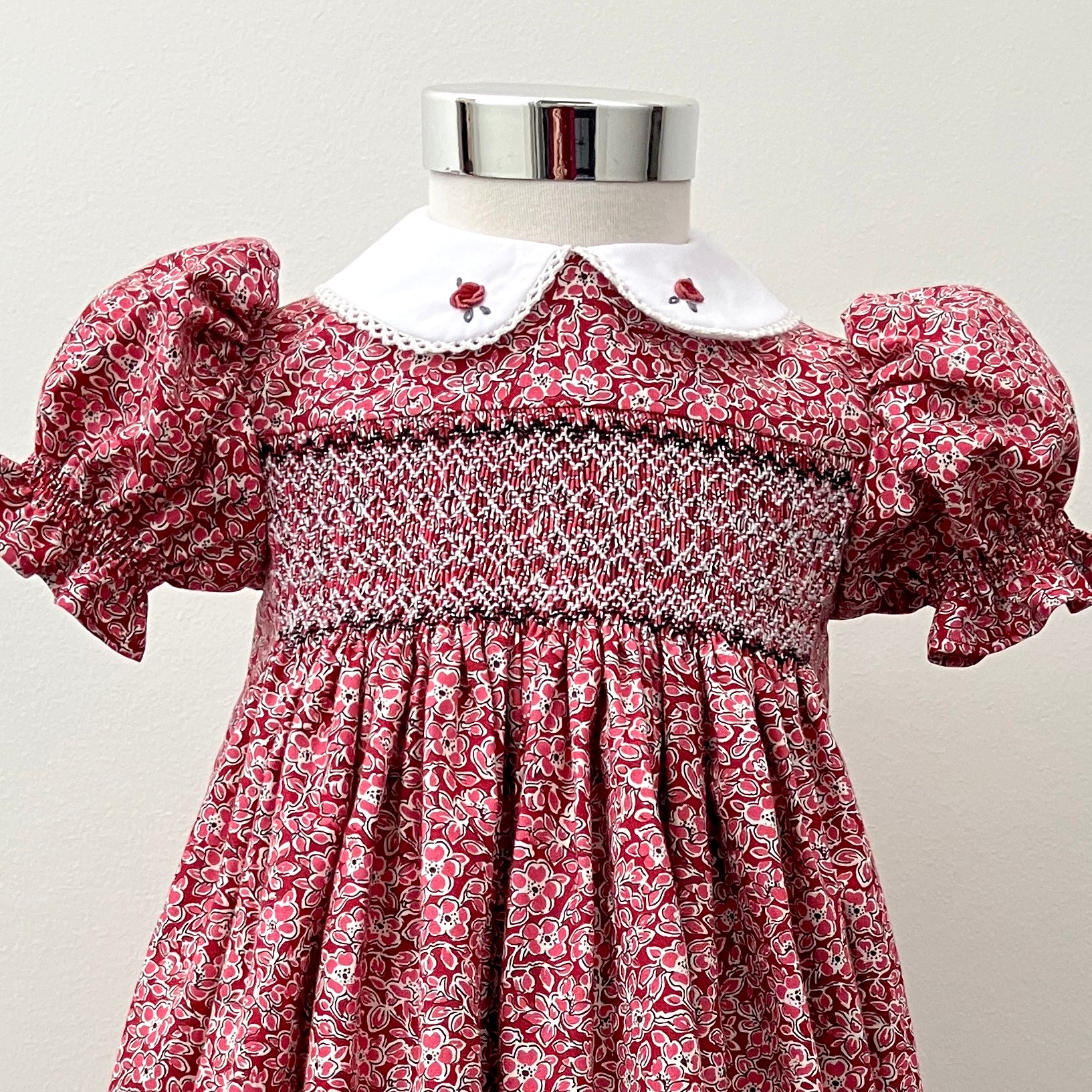Hand-smocked and embroidered Christmas dress - size 2 - Liberty floral fabric
