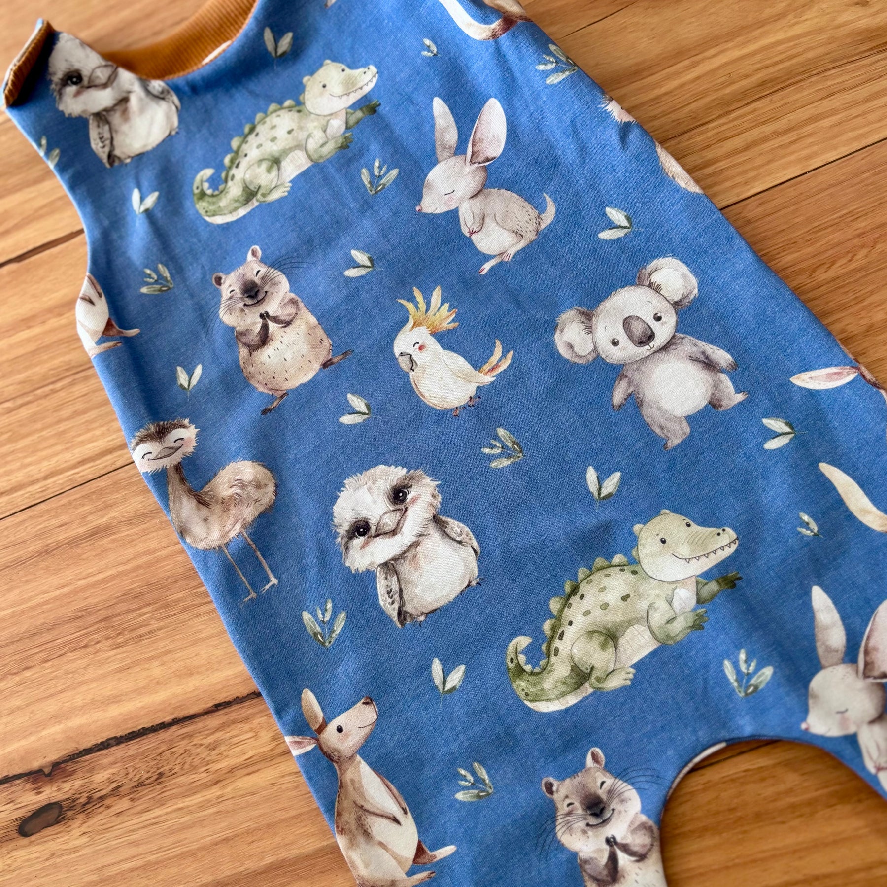 Baby Stretch Overalls | Blue Australian Animals | Size 000 to 3 | Made to order