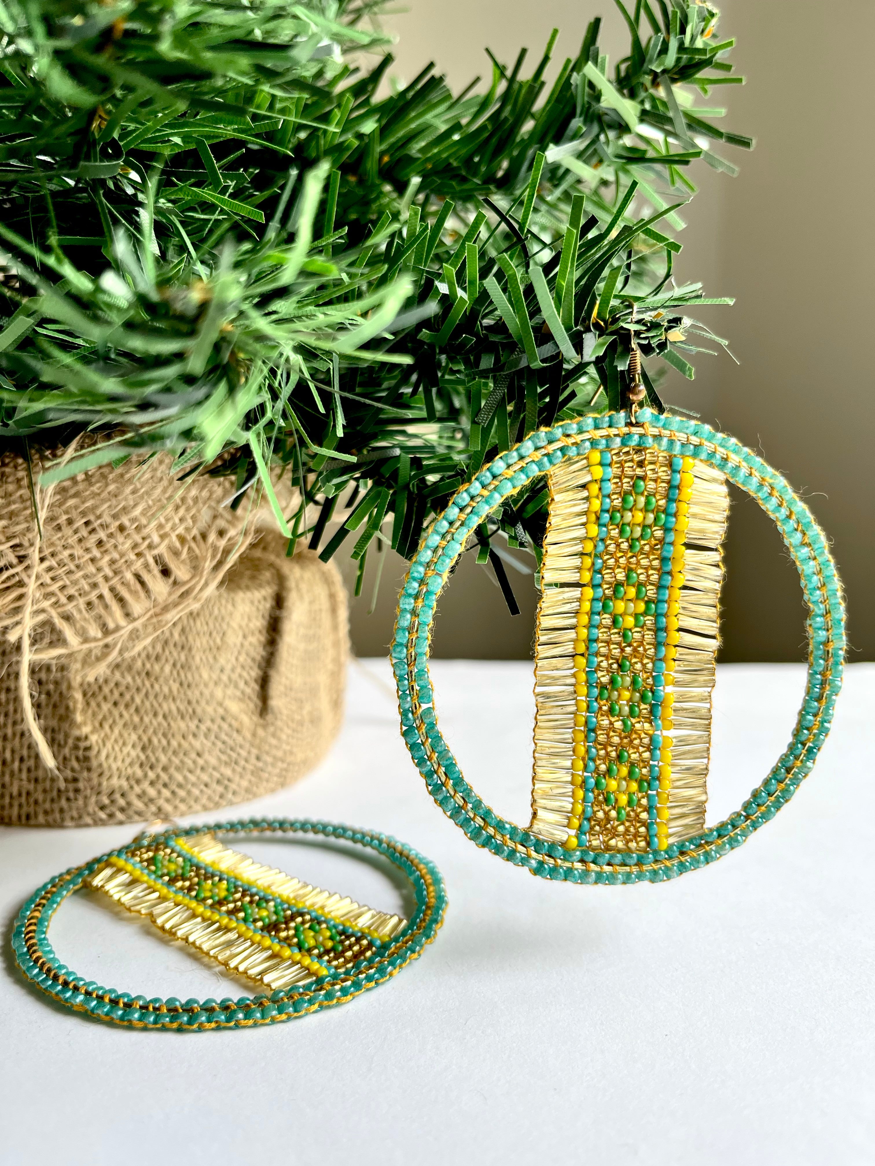 DESERT SUN | hoop earrings | blue, gold, green | beaded pattern