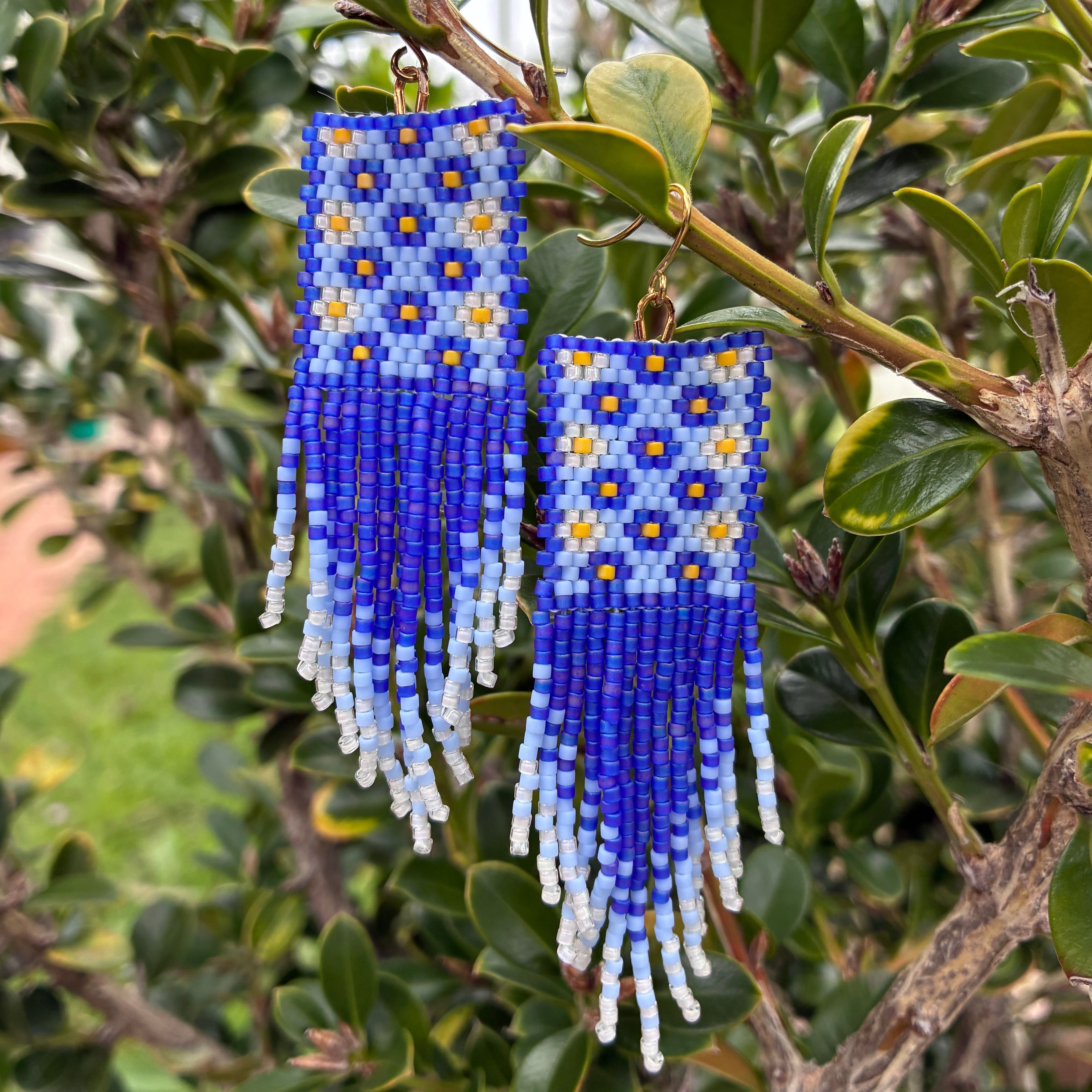 Beaded fringe earrings - Forget-Me-Nots