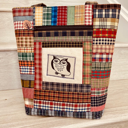 Owl themed log cabin patchwork tote bag’