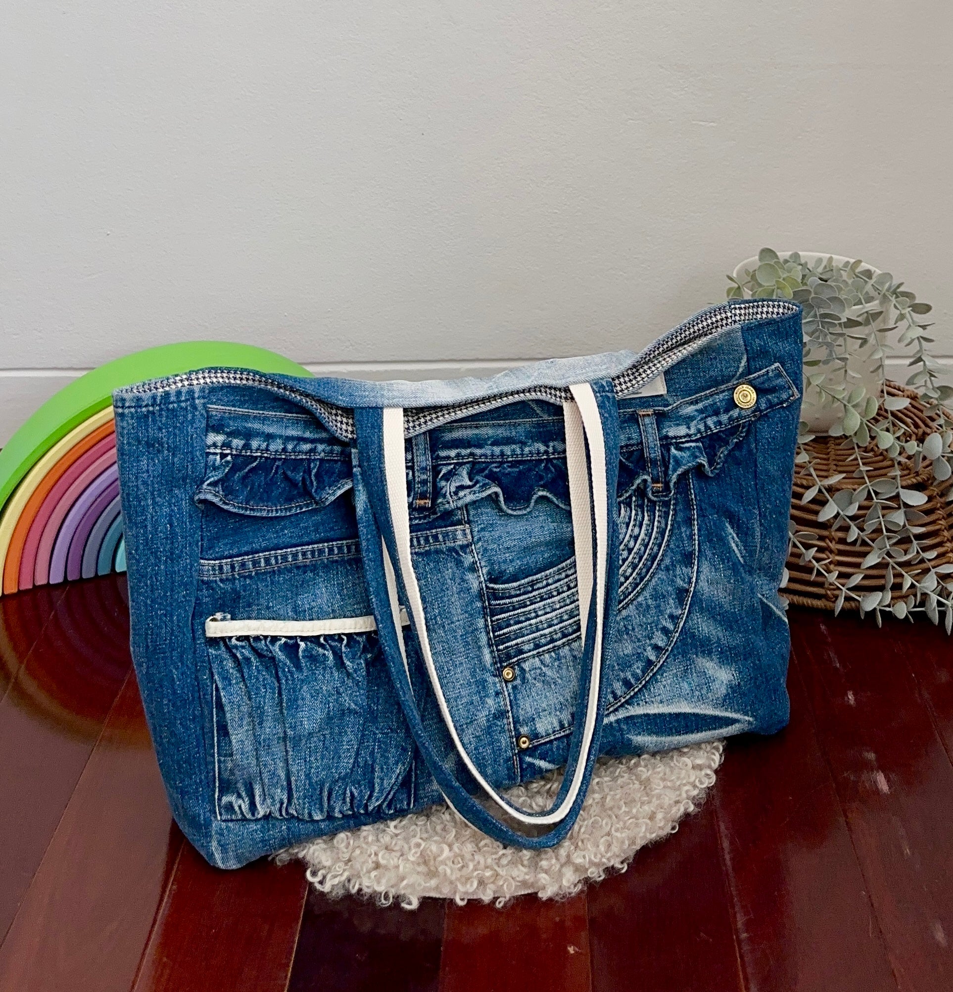Upcycled Denim Frill Tote Bag