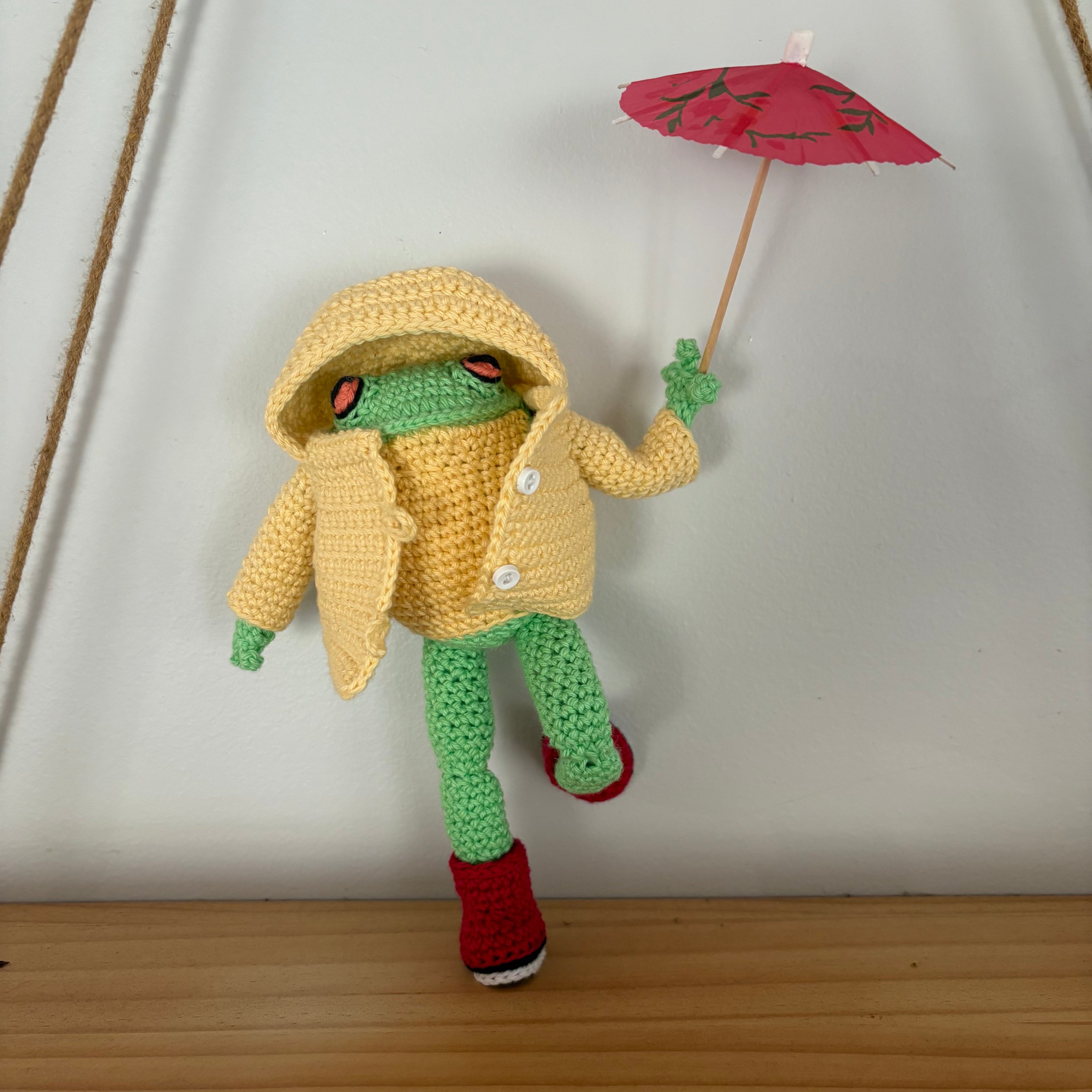 Frog in yellow raincoat and red boots