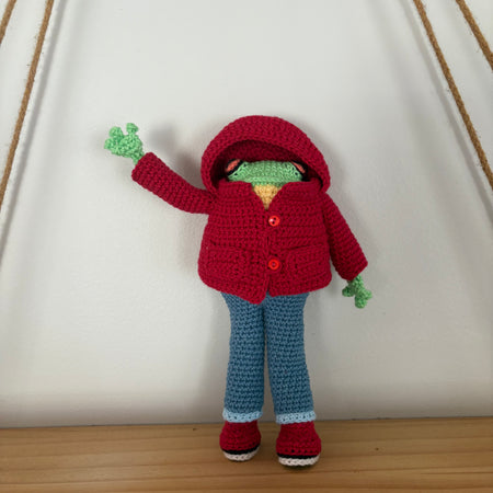 Frog in red hoodie and pants