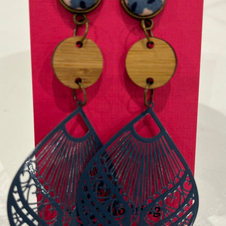 gorgeous blue floral fabric, wood and metal earrings