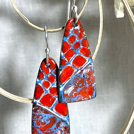 Blue and orange abstract. Handmade enamel earrings