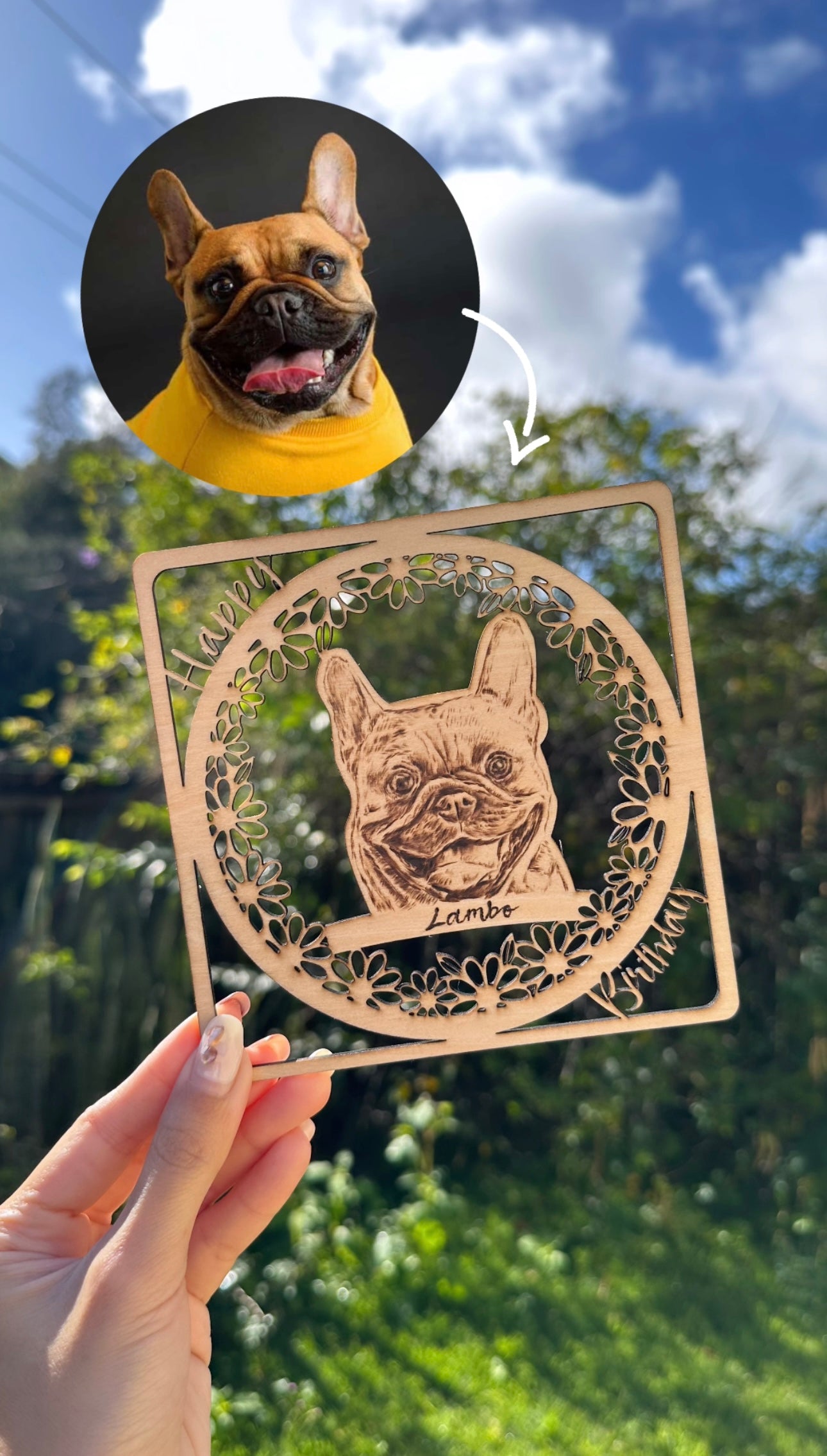 Custom Woodburning Pet Portrait Birthday Card – Personalized Wooden Greeting Card