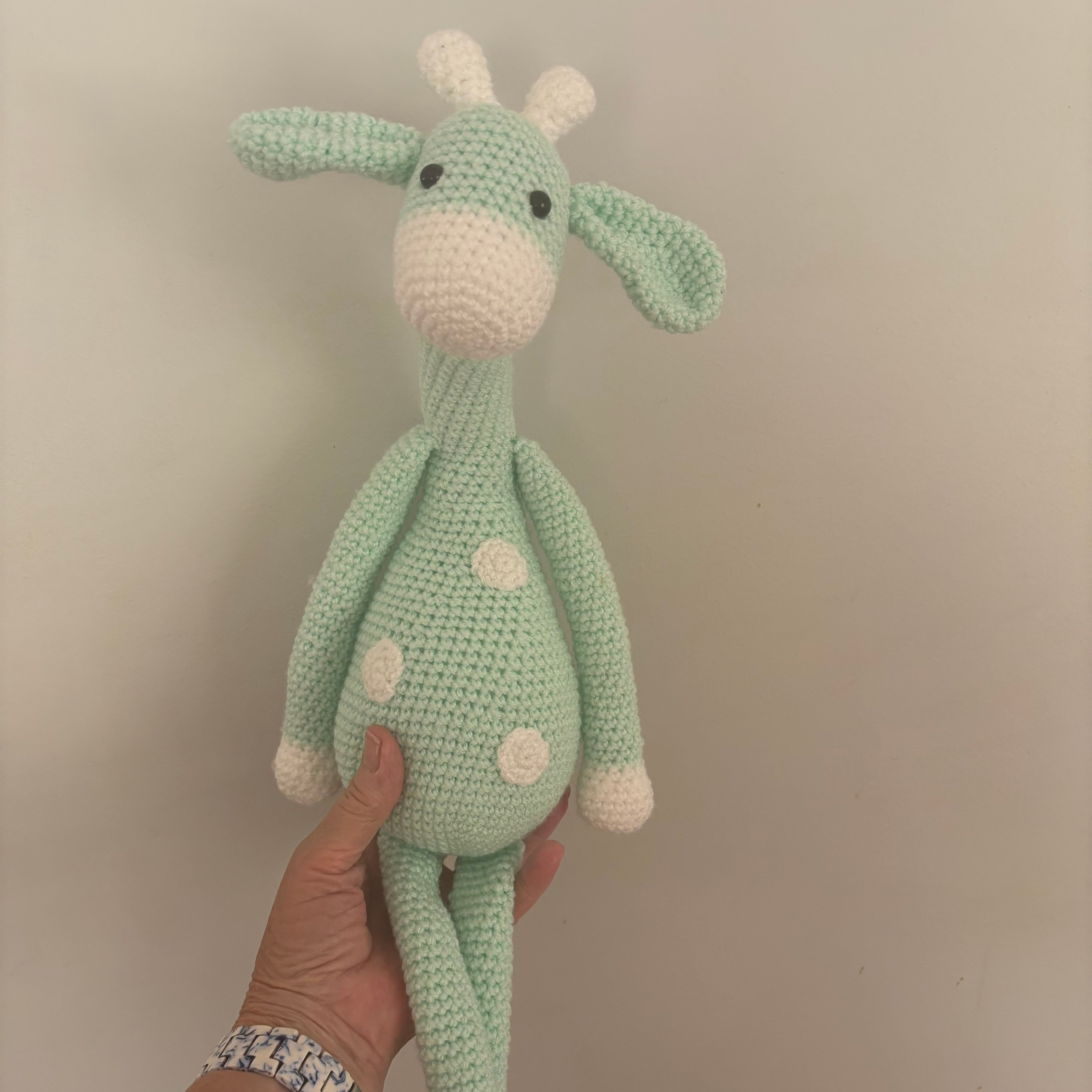 Long legged goofy giraffe crochet soft toy