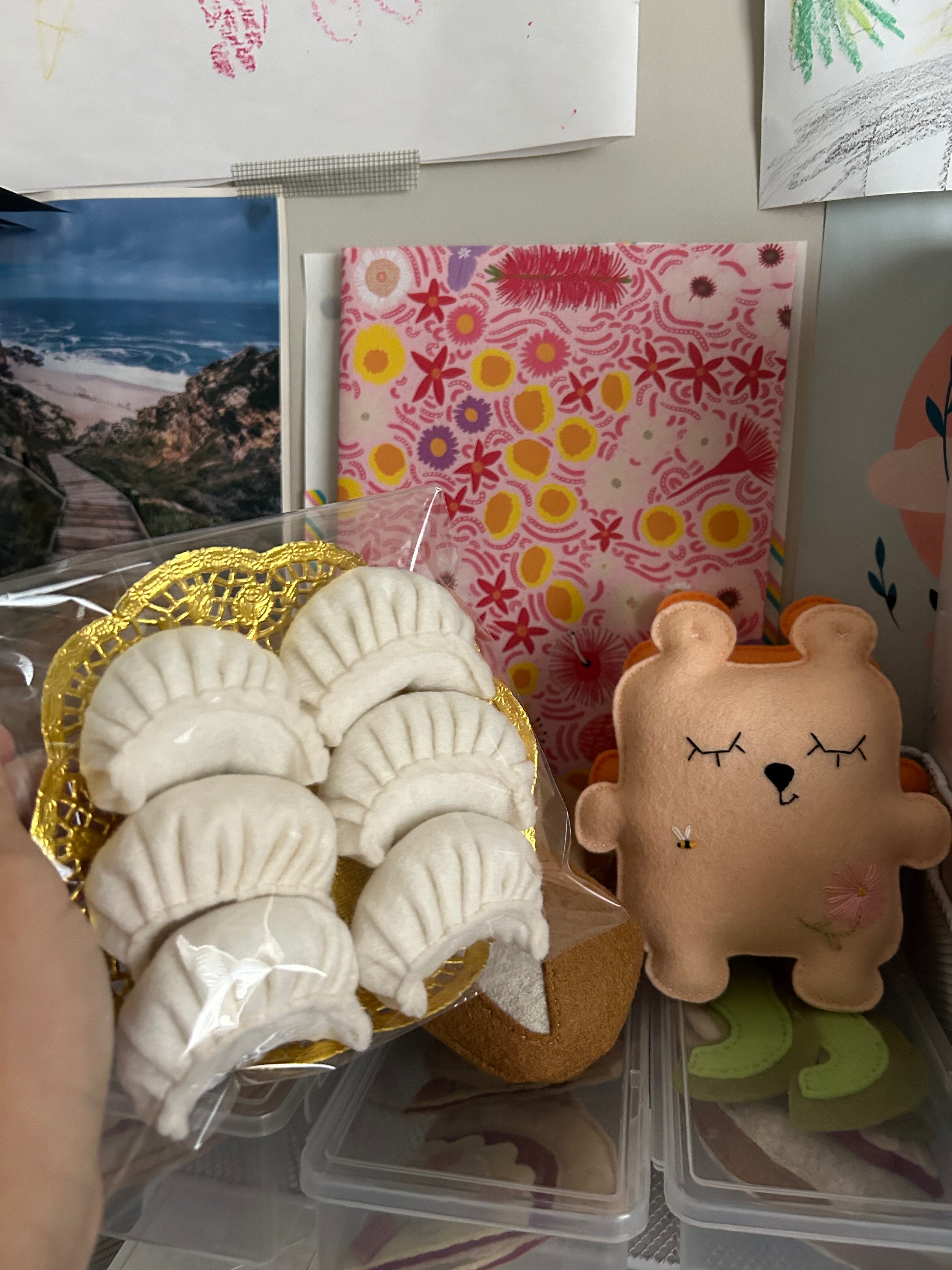 Steamed dumplings and spring rolls, felt play food