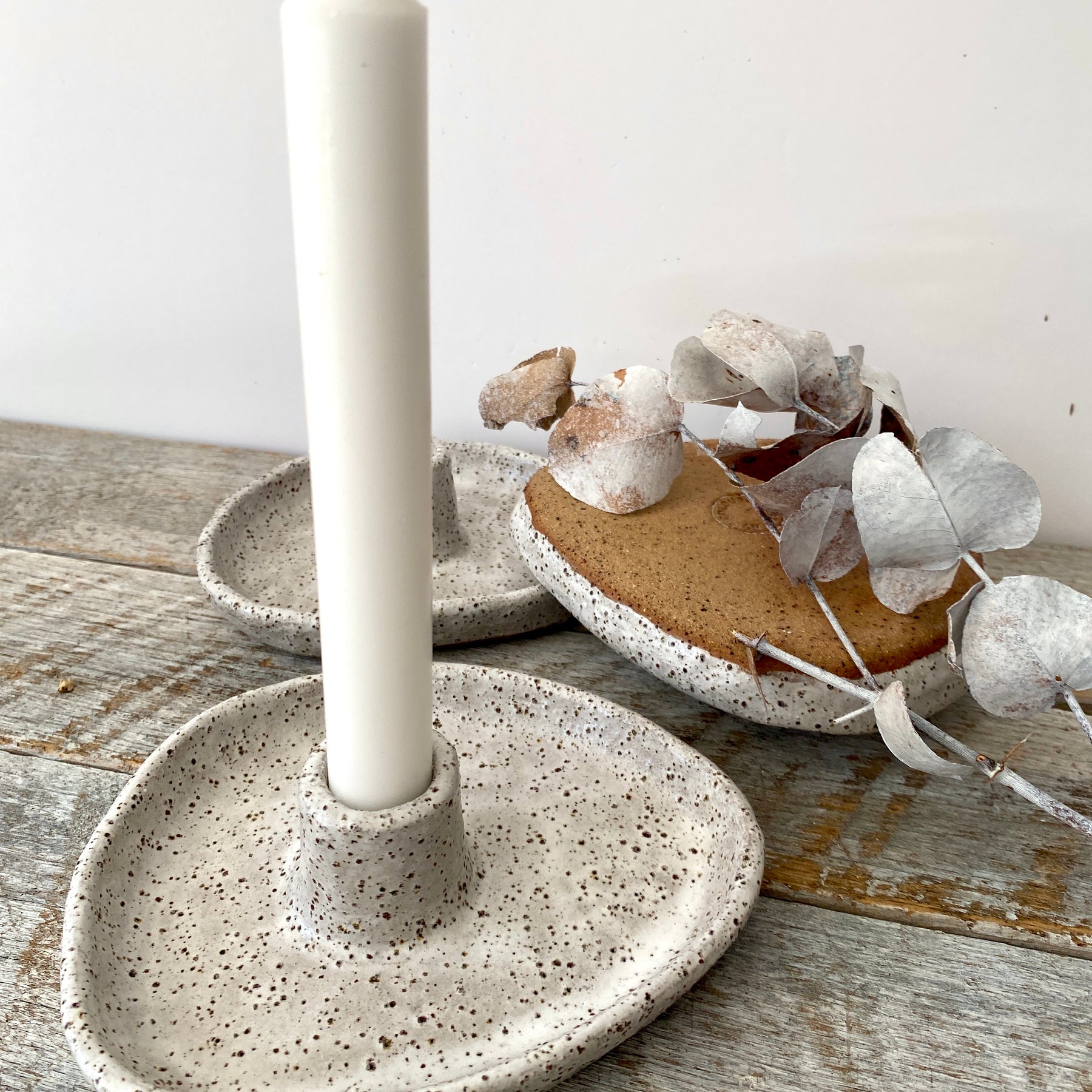 Rustic Ceramic Candle Holder - White with speckles