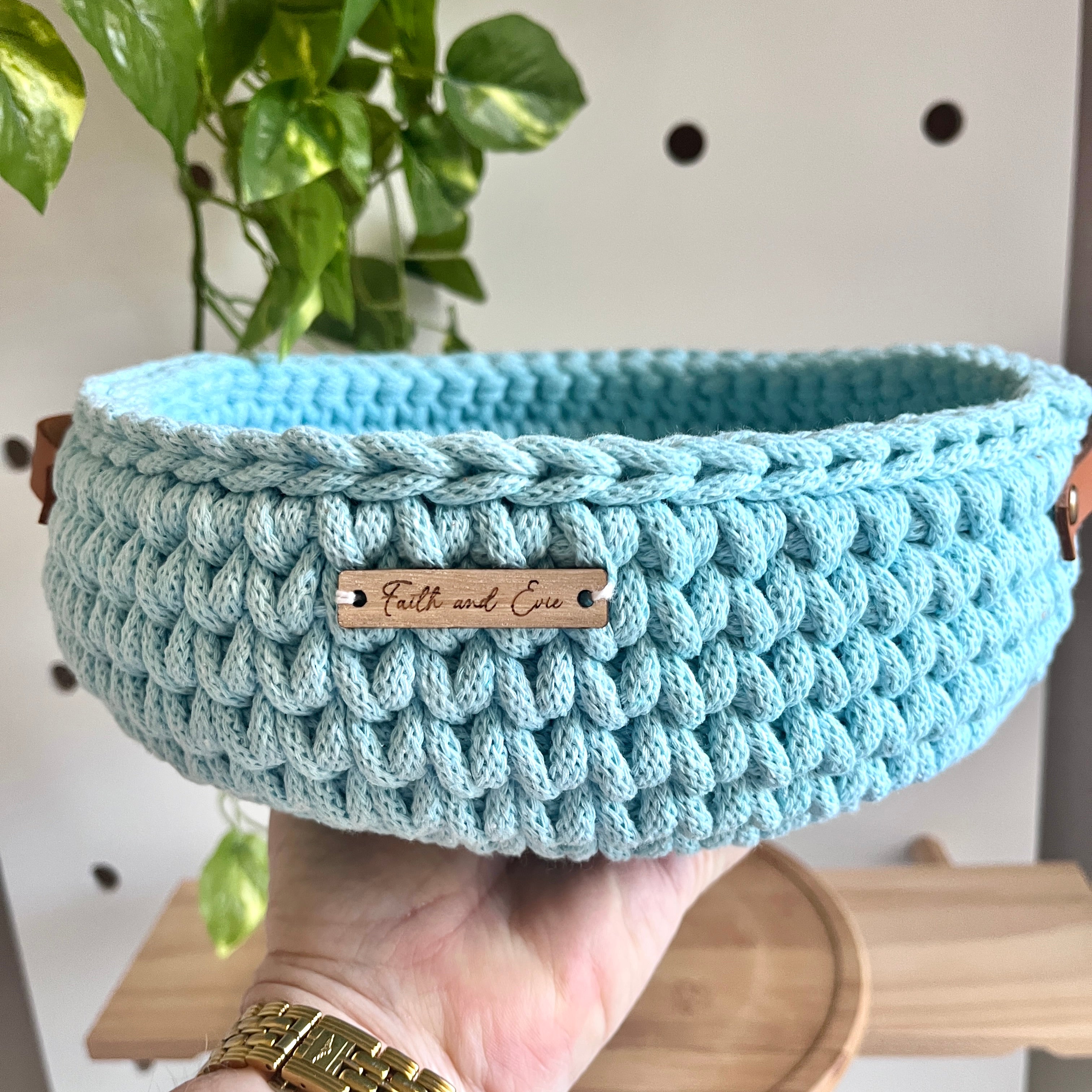 Handmade crochet basket with handles - colour Celeste
