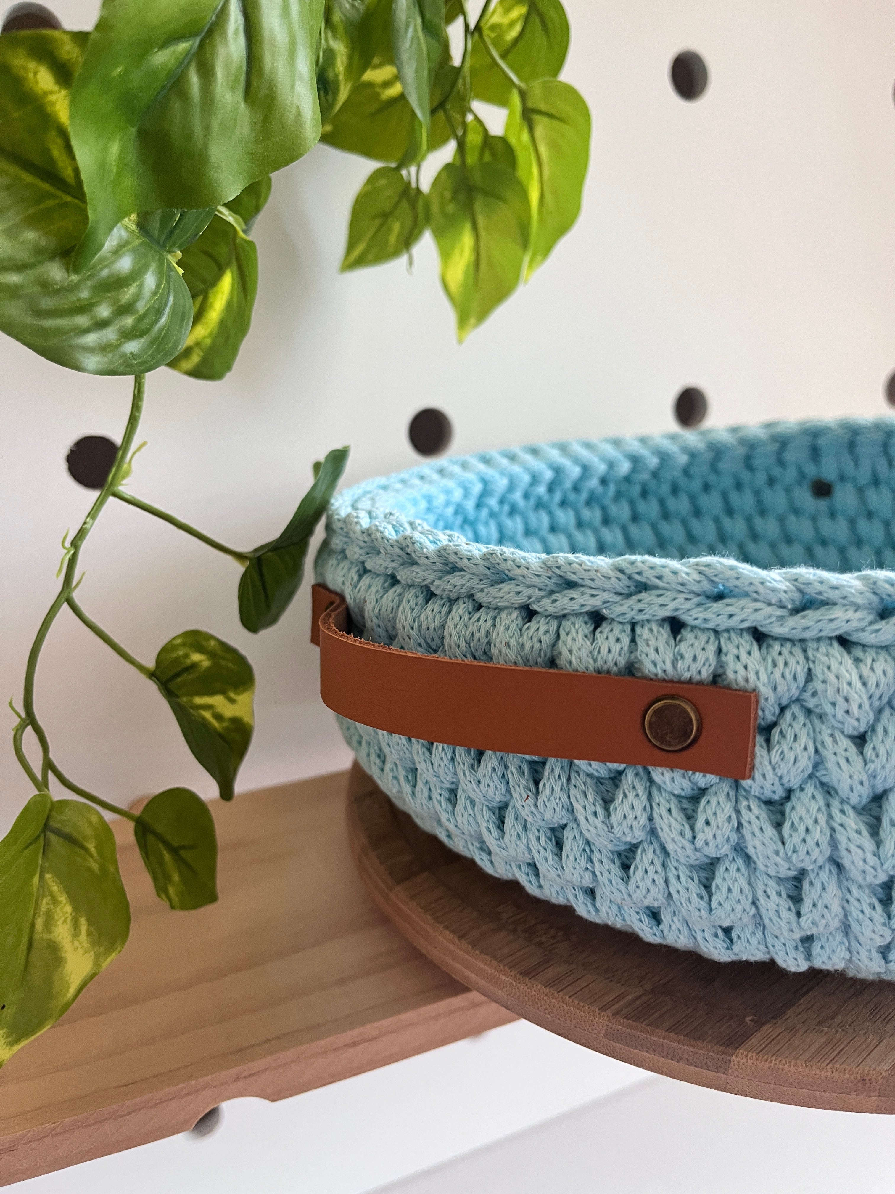 Handmade crochet basket with handles - colour Celeste