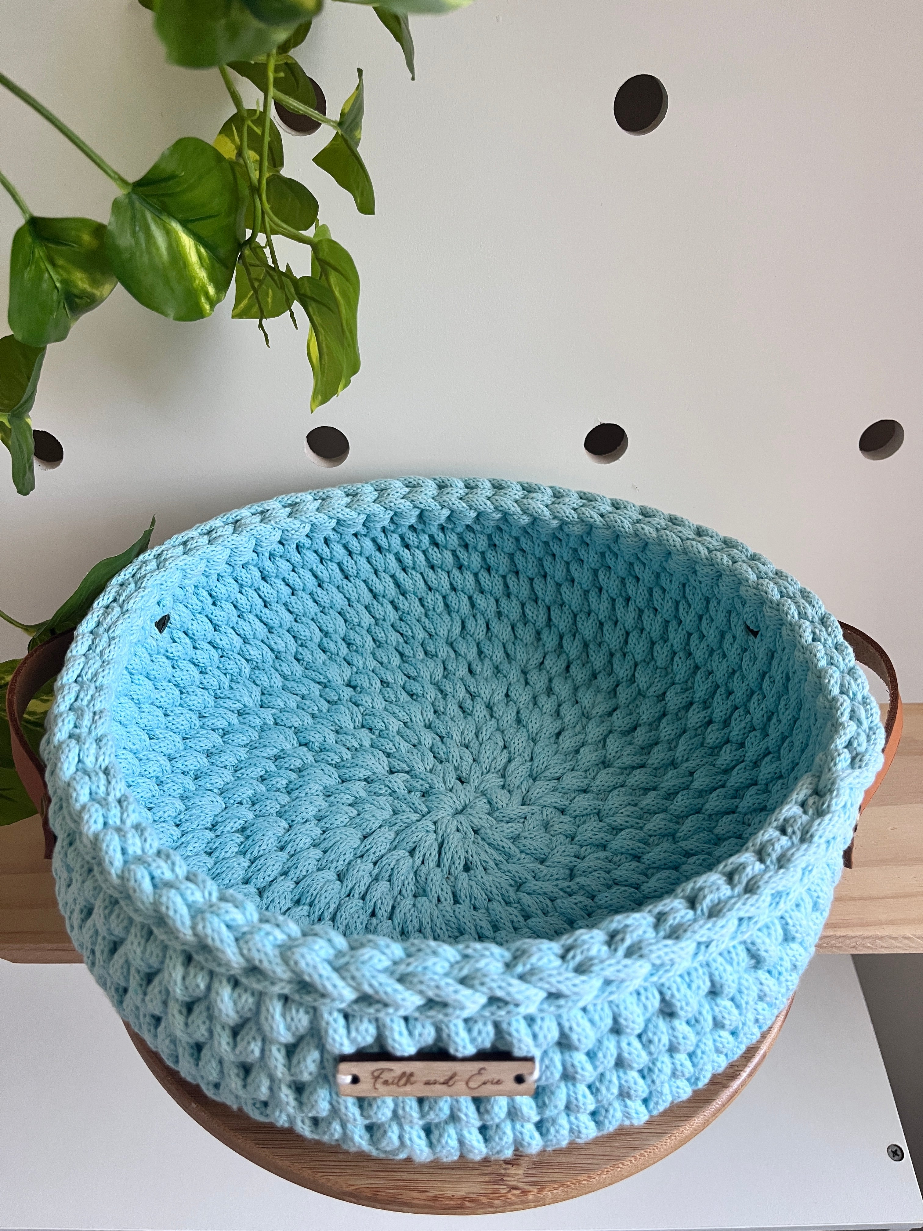 Handmade crochet basket with handles - colour Celeste