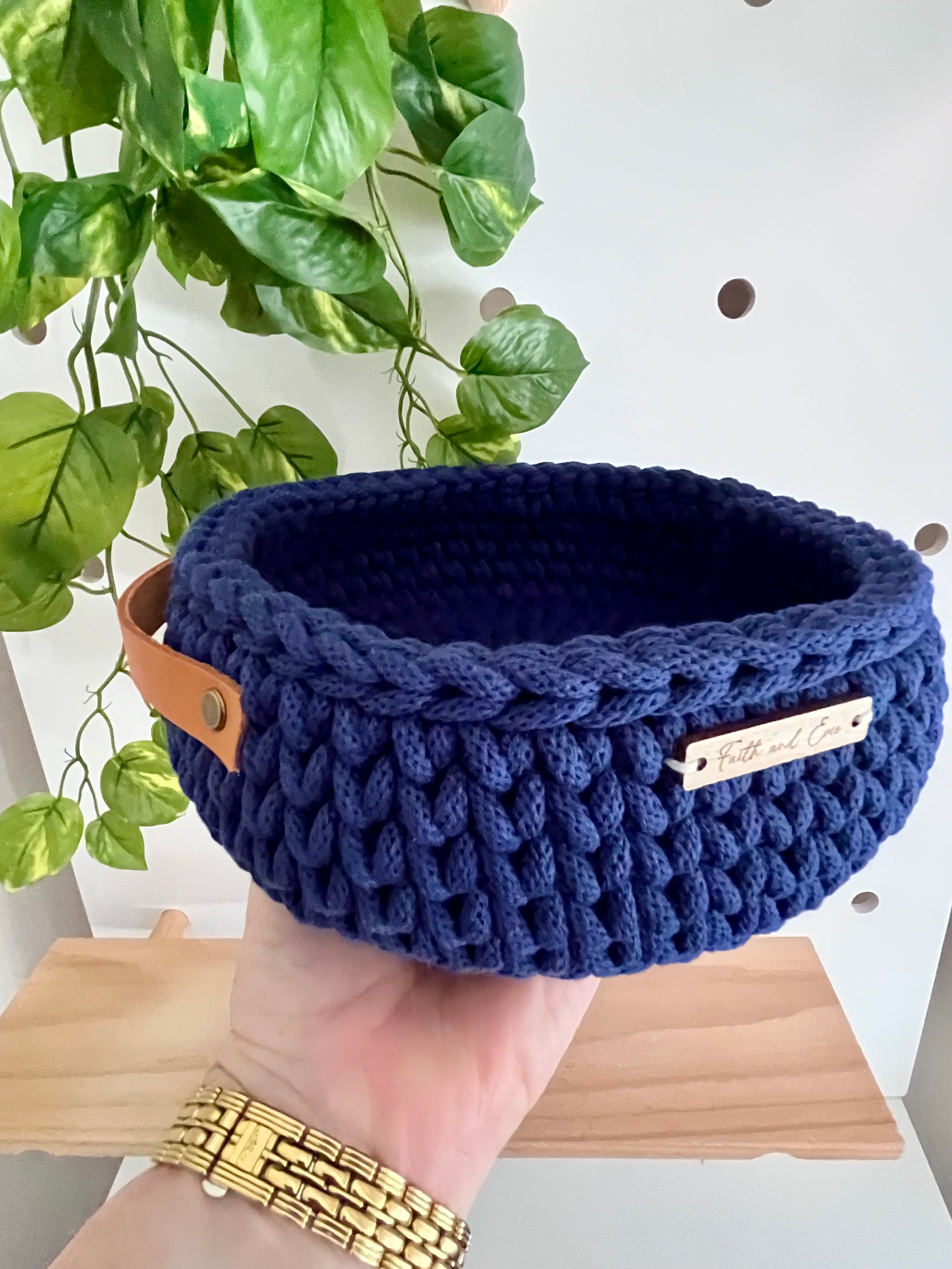 Handmade crochet handled basket - colour Ink