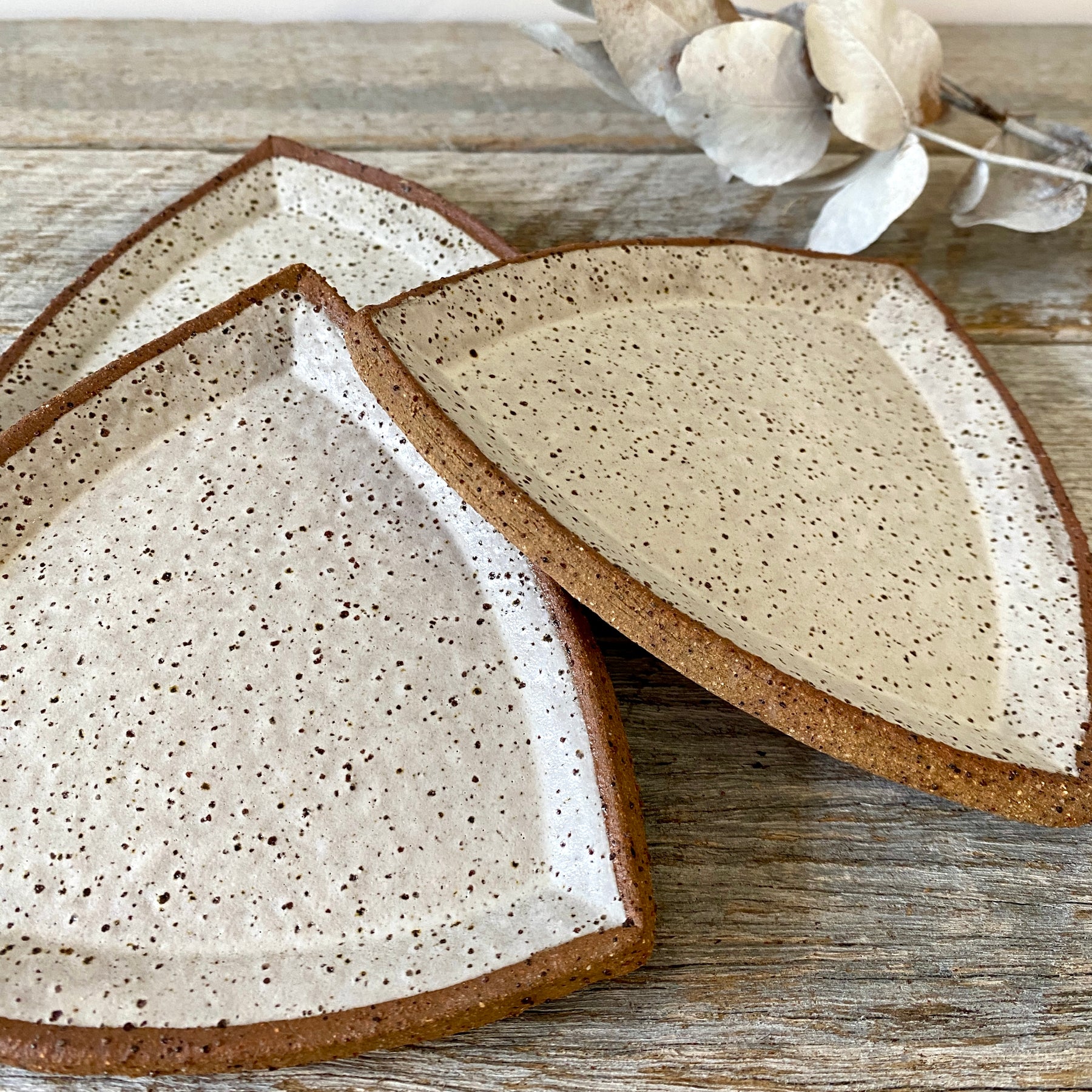 Triangular Rustic Ceramic Dish- Set of 3 - White with speckles