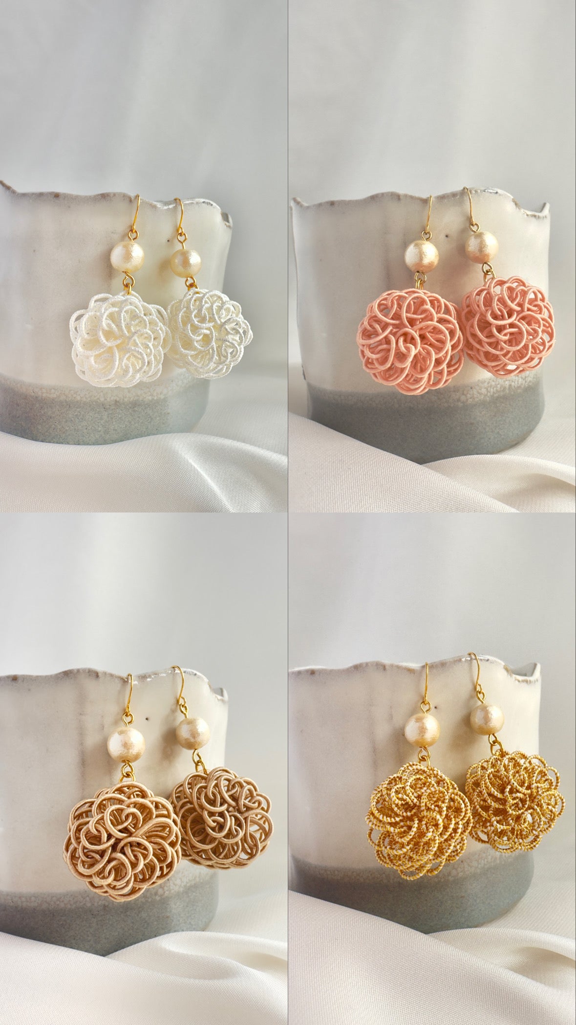 Japanese Knot Earrings Chrysanthemum - handmade, elegant, lightweight, dangling & statement, Mizuhiki (Washi paper), perfect for gifts