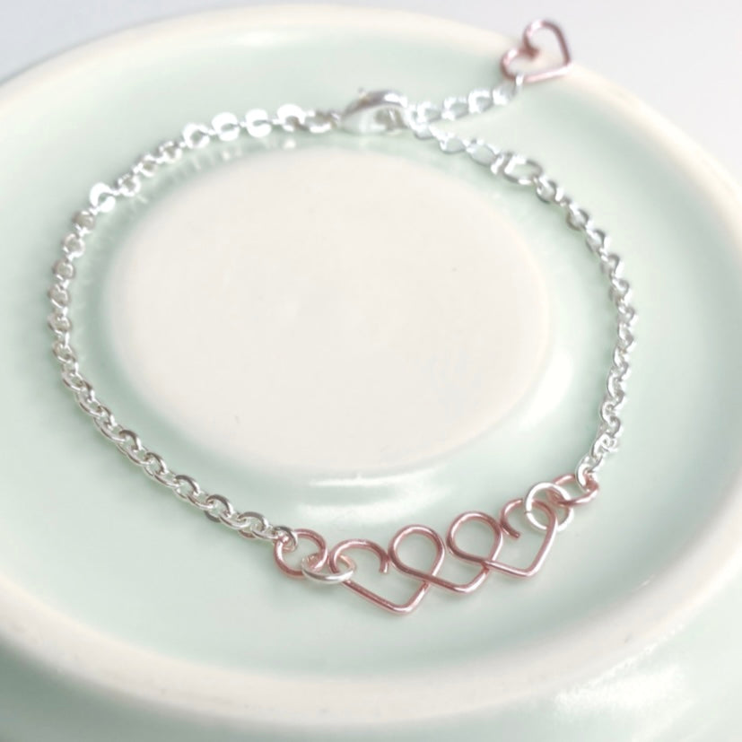 Chain of Hearts bracelet | Sterling silver or Rose silver-plated | Wedding or Anniversary jewellery