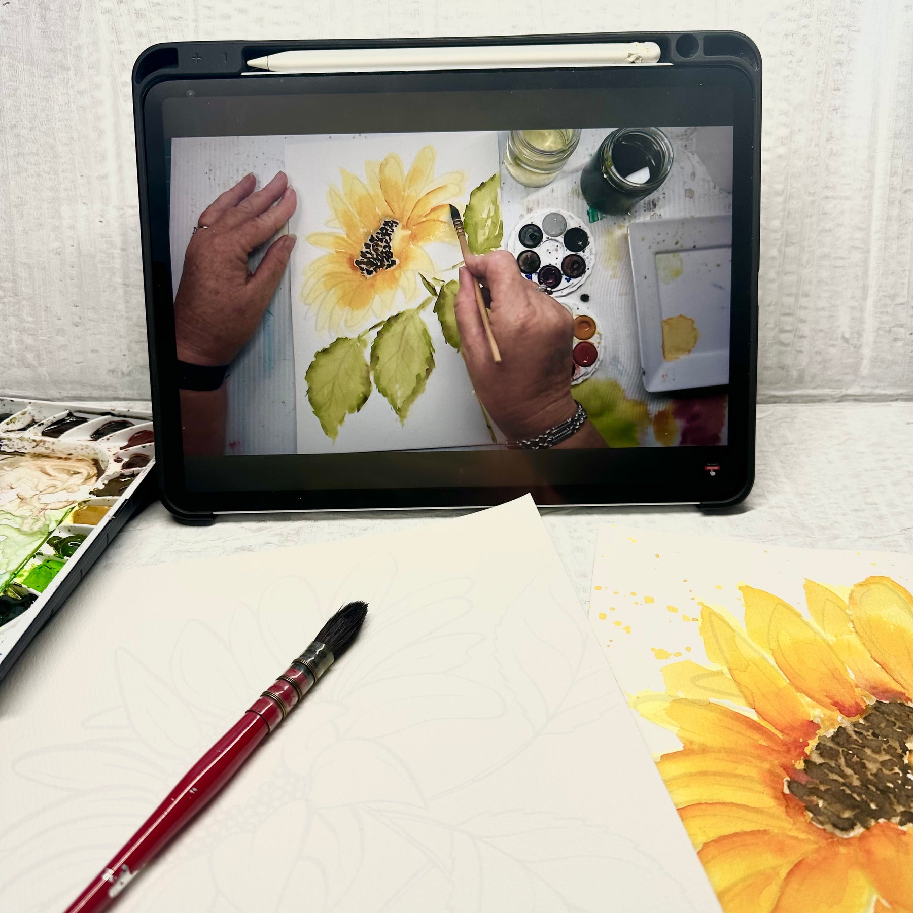 Sunflowers Watercolour Printable Line Drawing & Video Tutorial