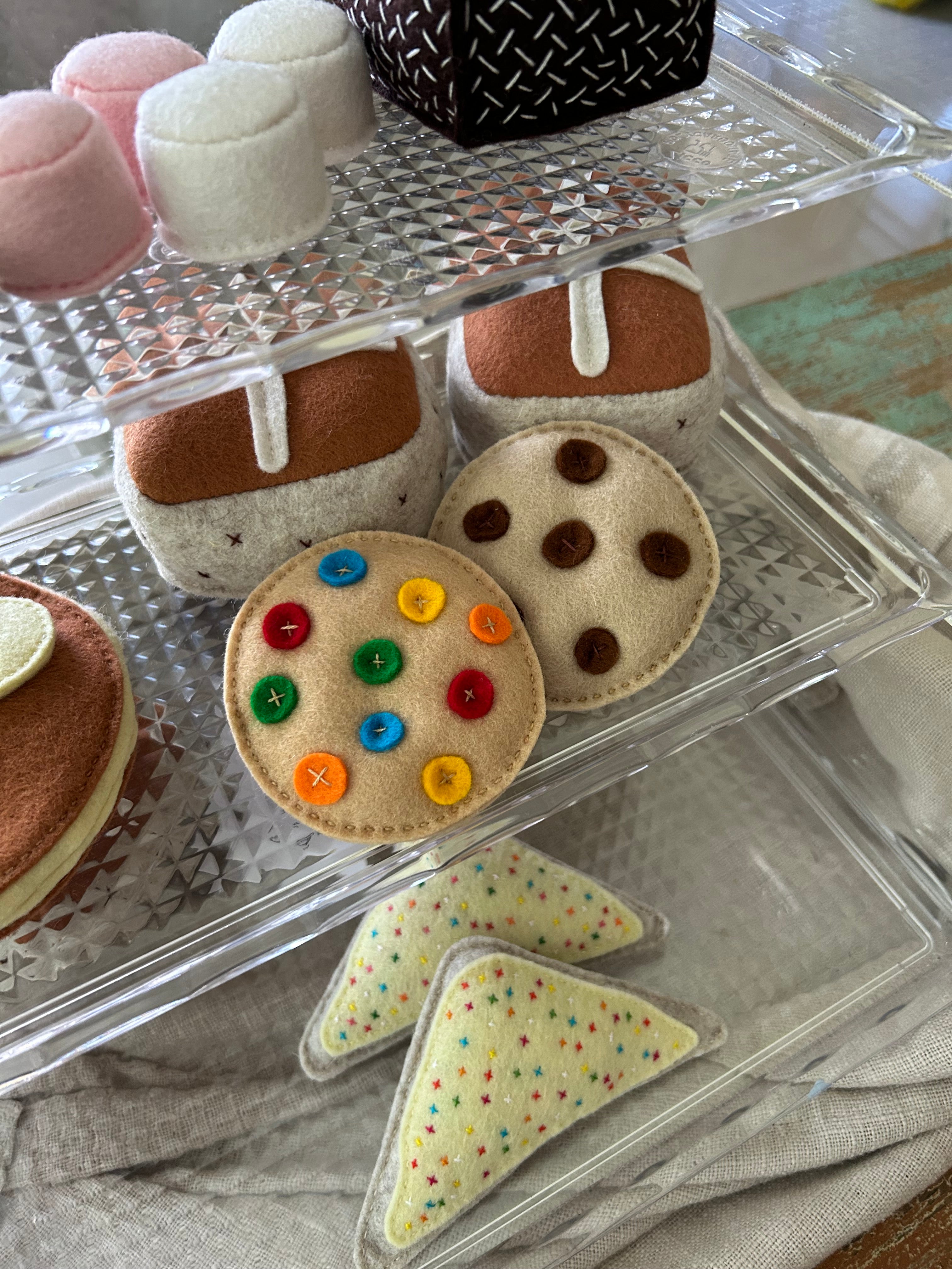 Ready to post, felt cookies, play food, imaginary plat