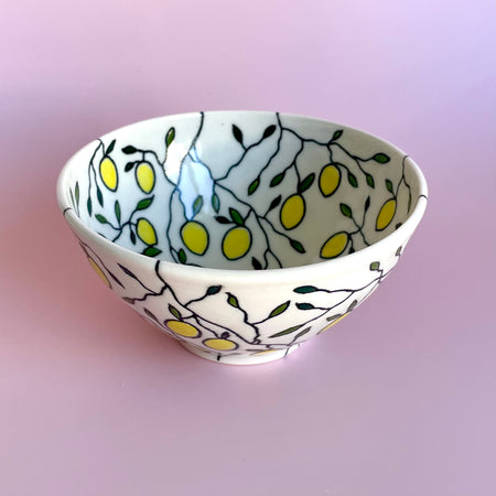 Handmade porcelain ceramic small bowl with lemon design