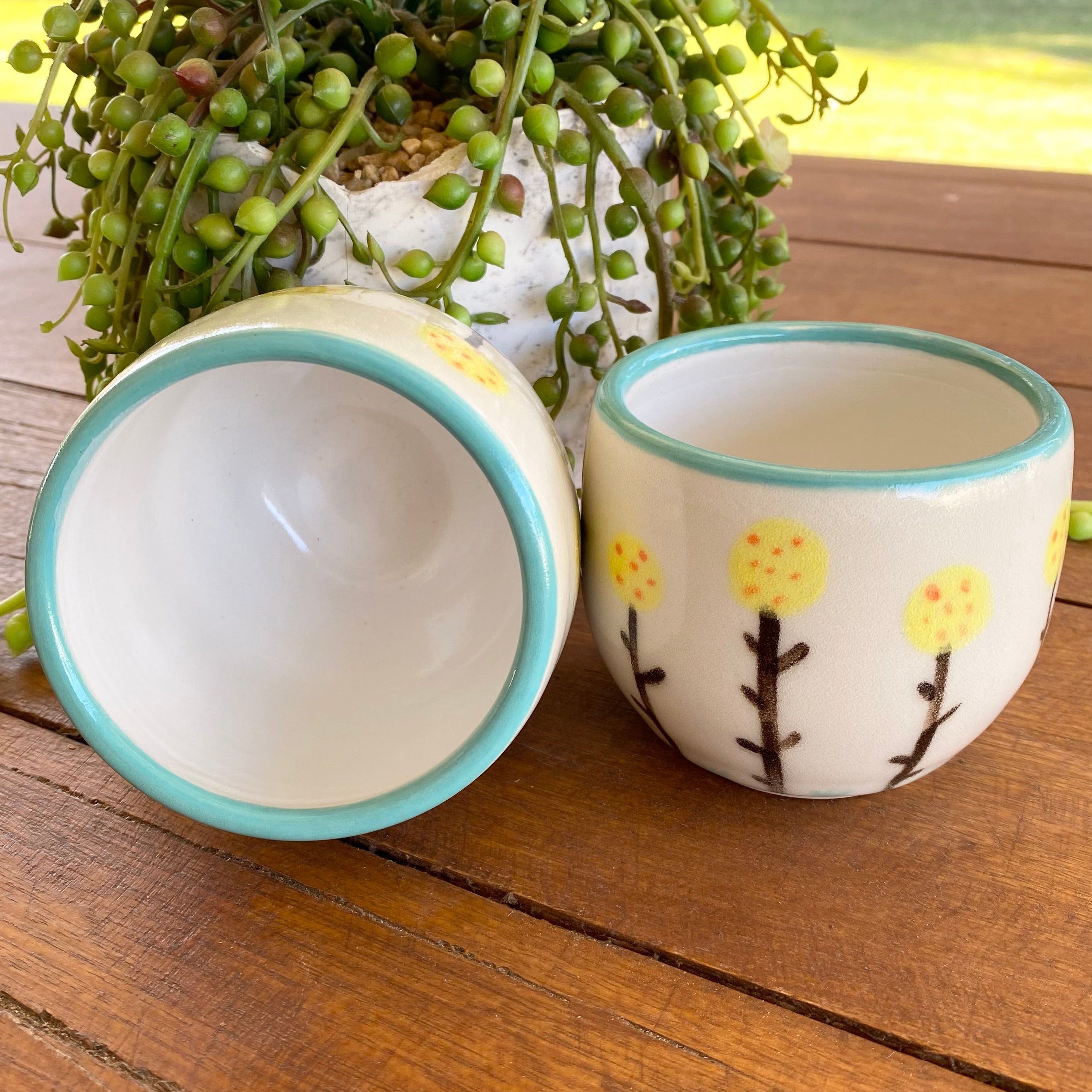 Latte Cups|Hand-painted Billie Button Flowers|Handmade Pottery