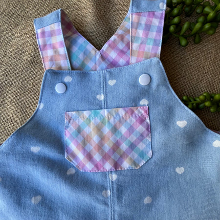 Pale blue denim with hearts and gingham /unisex toddler overalls | dungarees