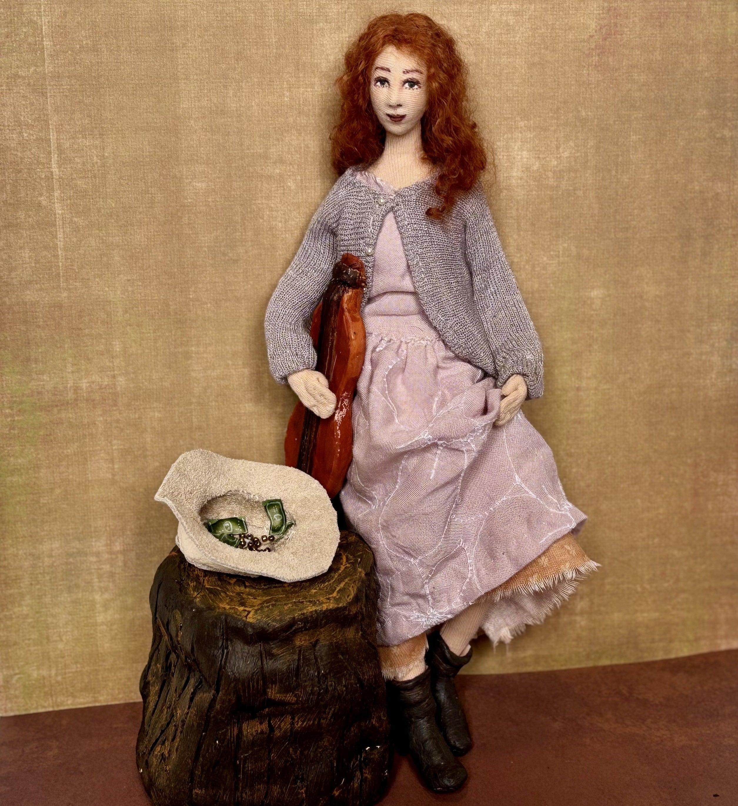 Busker mixed media Art Doll with dulcimer