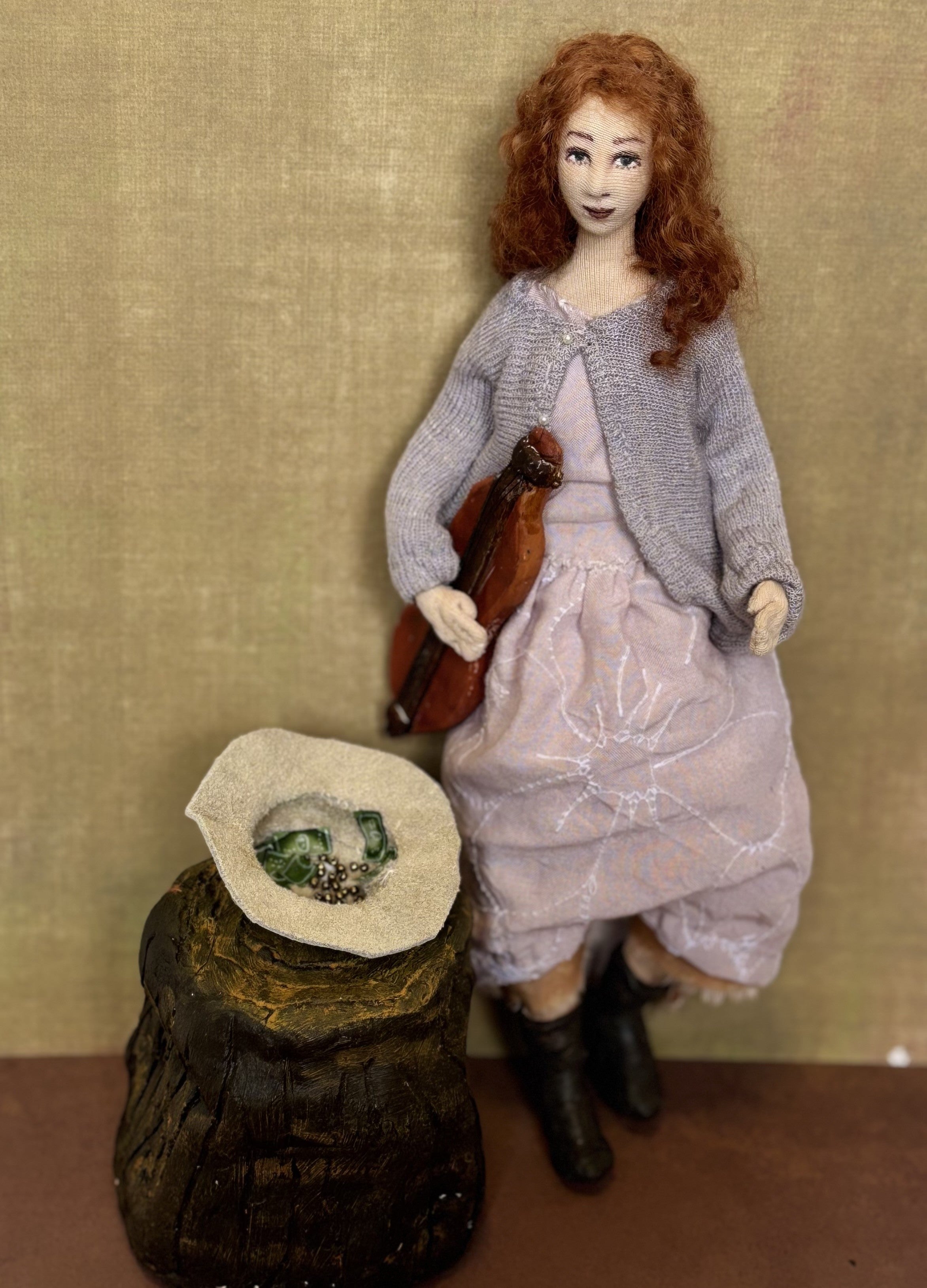 Busker mixed media Art Doll with dulcimer