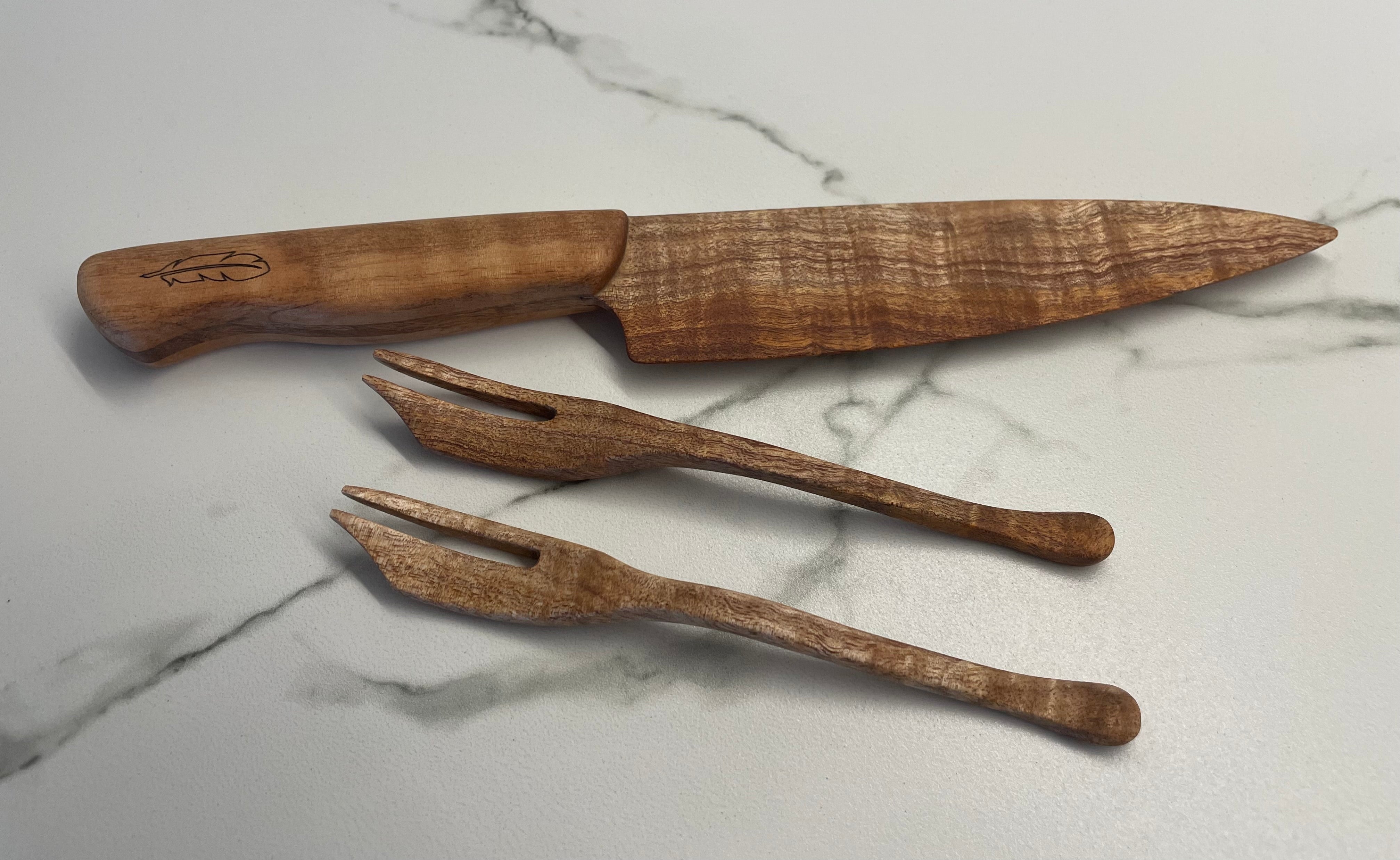 Wood Cake knife and 2 matching cake forks