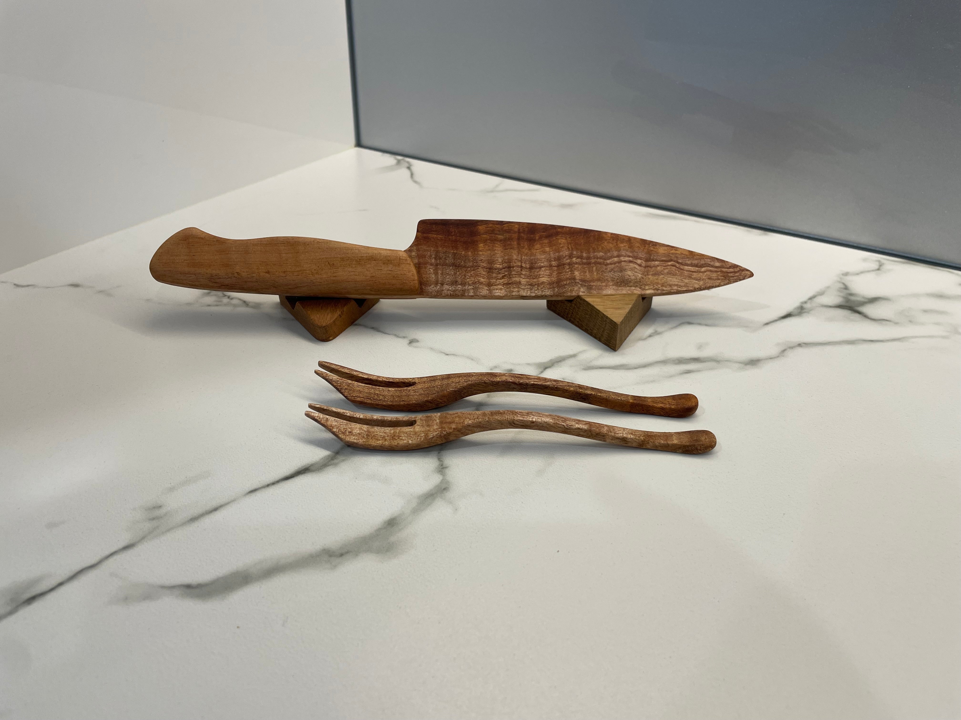 Wood Cake knife and 2 matching cake forks