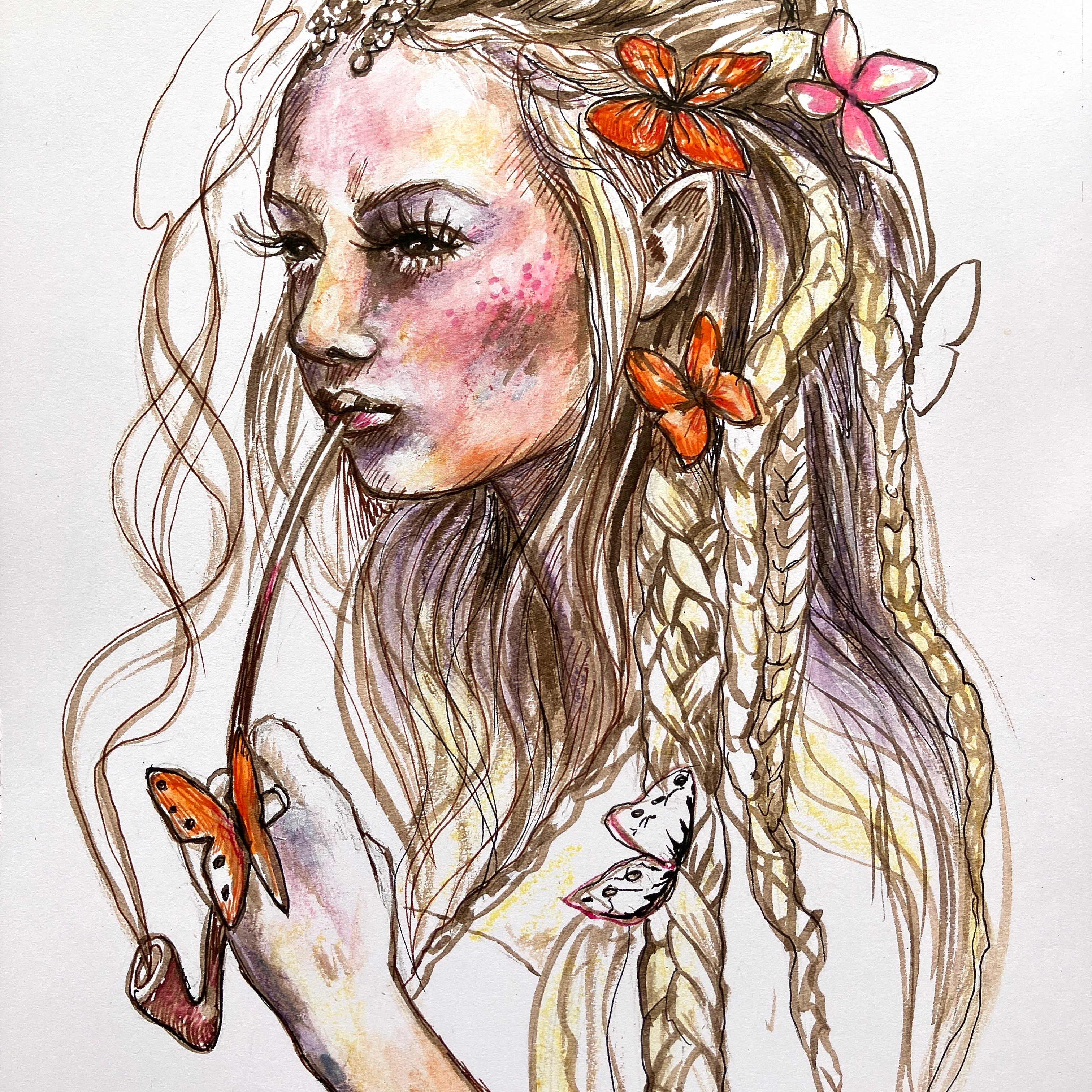 Smoking Fairy. Original Sketch A4 print.