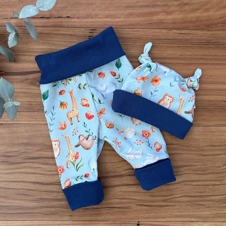 Baby Pants and Hat Set - Blue Floral Bunnies