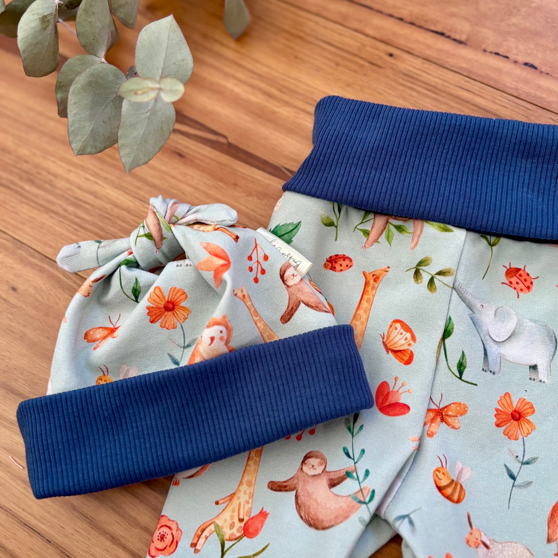 Baby Pants and Hat Set - Blue Floral Bunnies