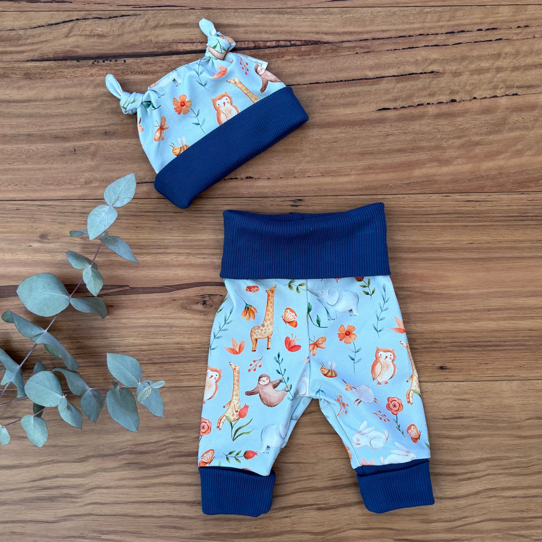 Baby Pants and Hat Set - Blue Floral Bunnies