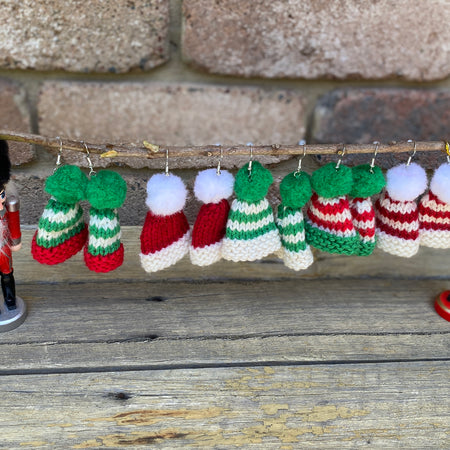 Christmas Beanie Earrings, Hand Knitted Mini Beanies
