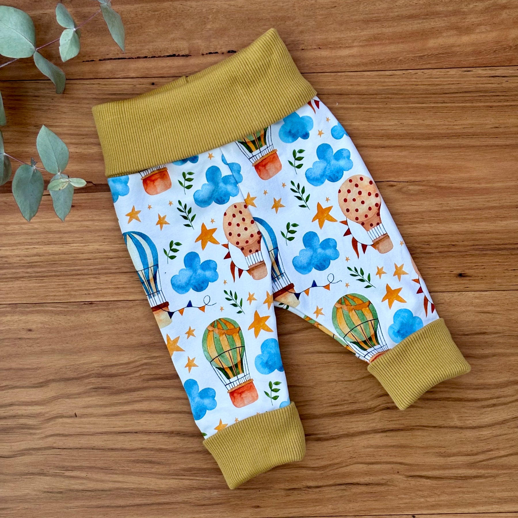 Baby Pants and Hat Set | Yellow Hot Air Balloons | Size newborn to 1 | Made to order