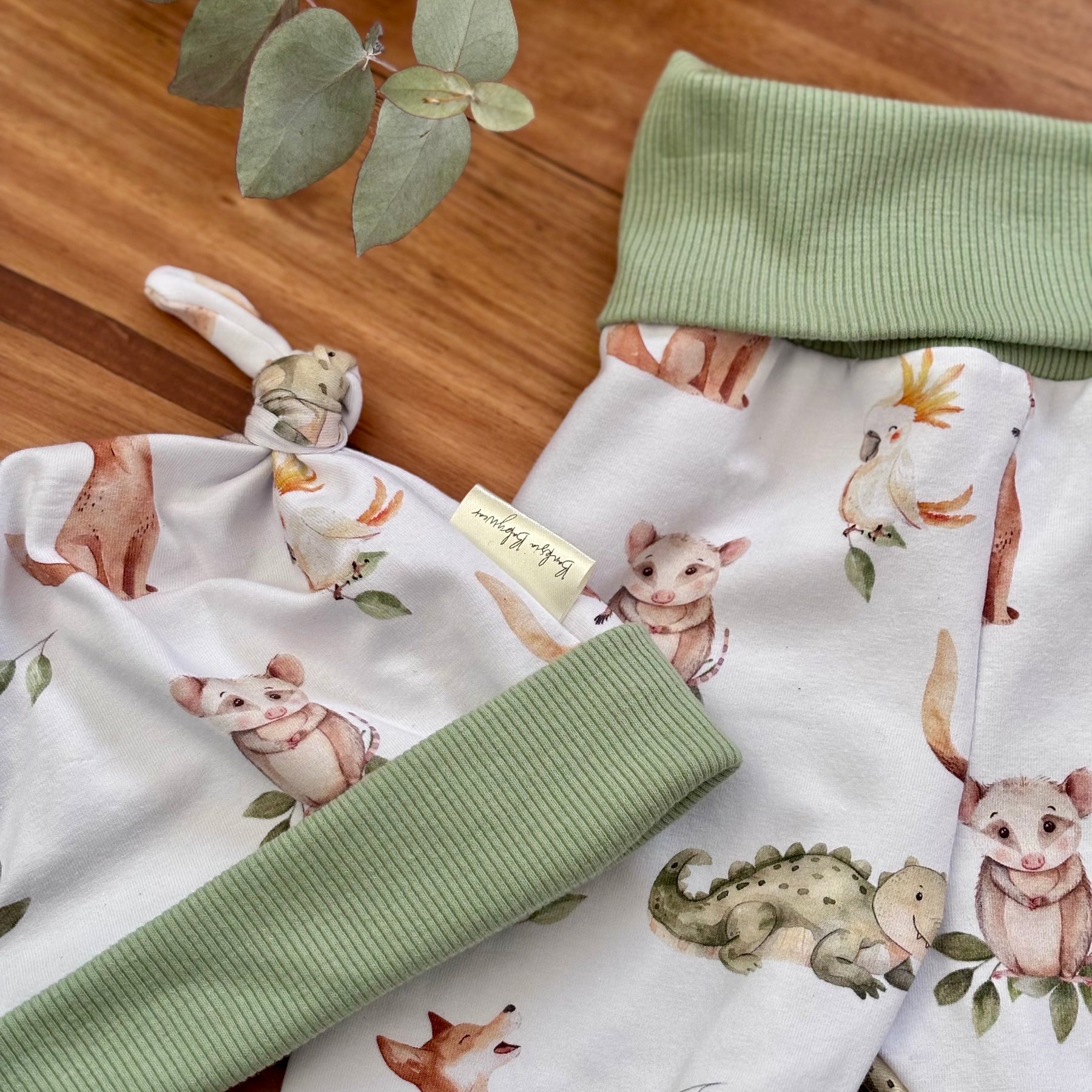 Baby Pants and Hat Set - Green Aussie Animals