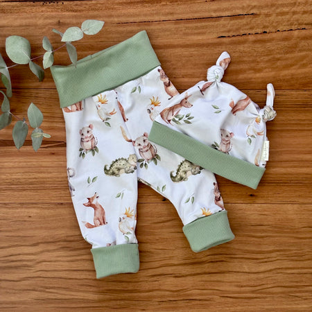 Baby Pants and Hat Set - Green Aussie Animals
