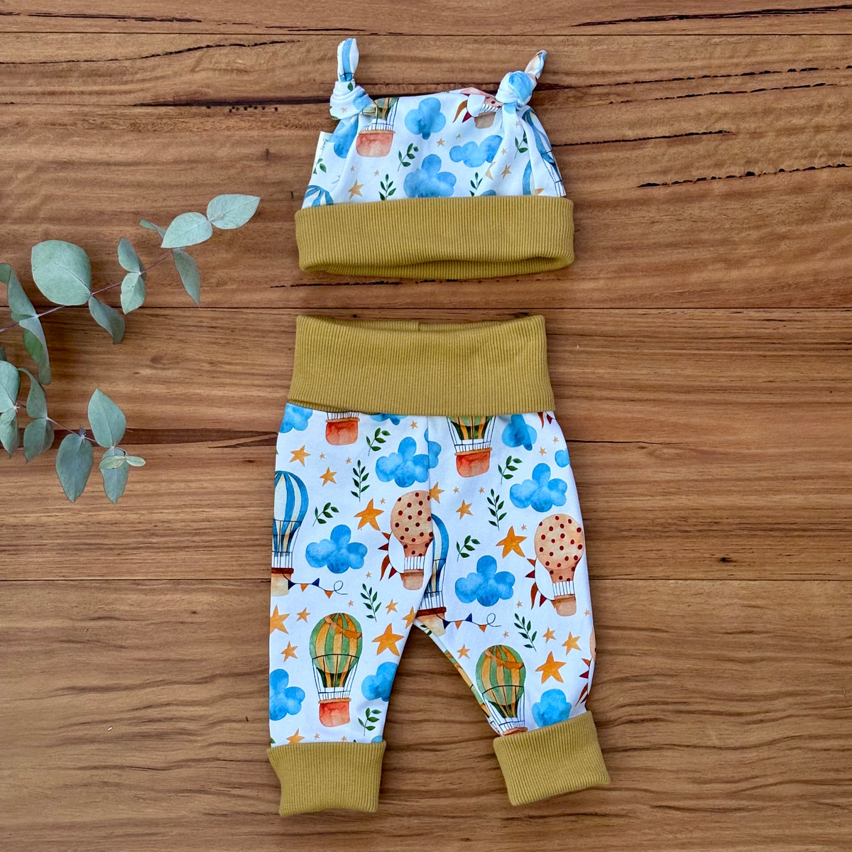 Baby Pants and Hat Set | Yellow Hot Air Balloons | Size newborn to 1 | Made to order
