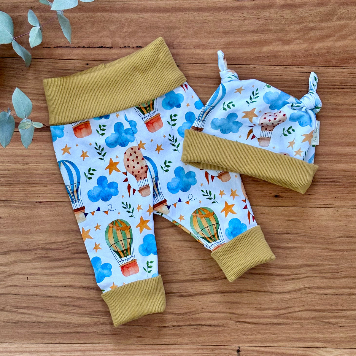 Baby Pants and Hat Set | Yellow Hot Air Balloons | Size newborn to 1 | Made to order