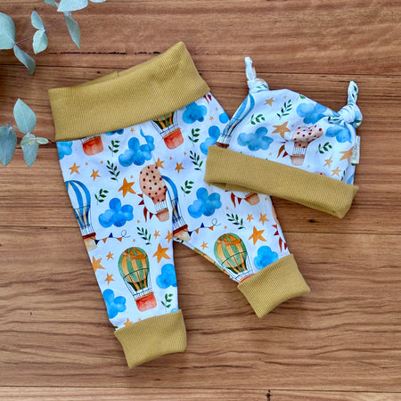 Baby Pants and Hat Set - Yellow Hot Air Balloons