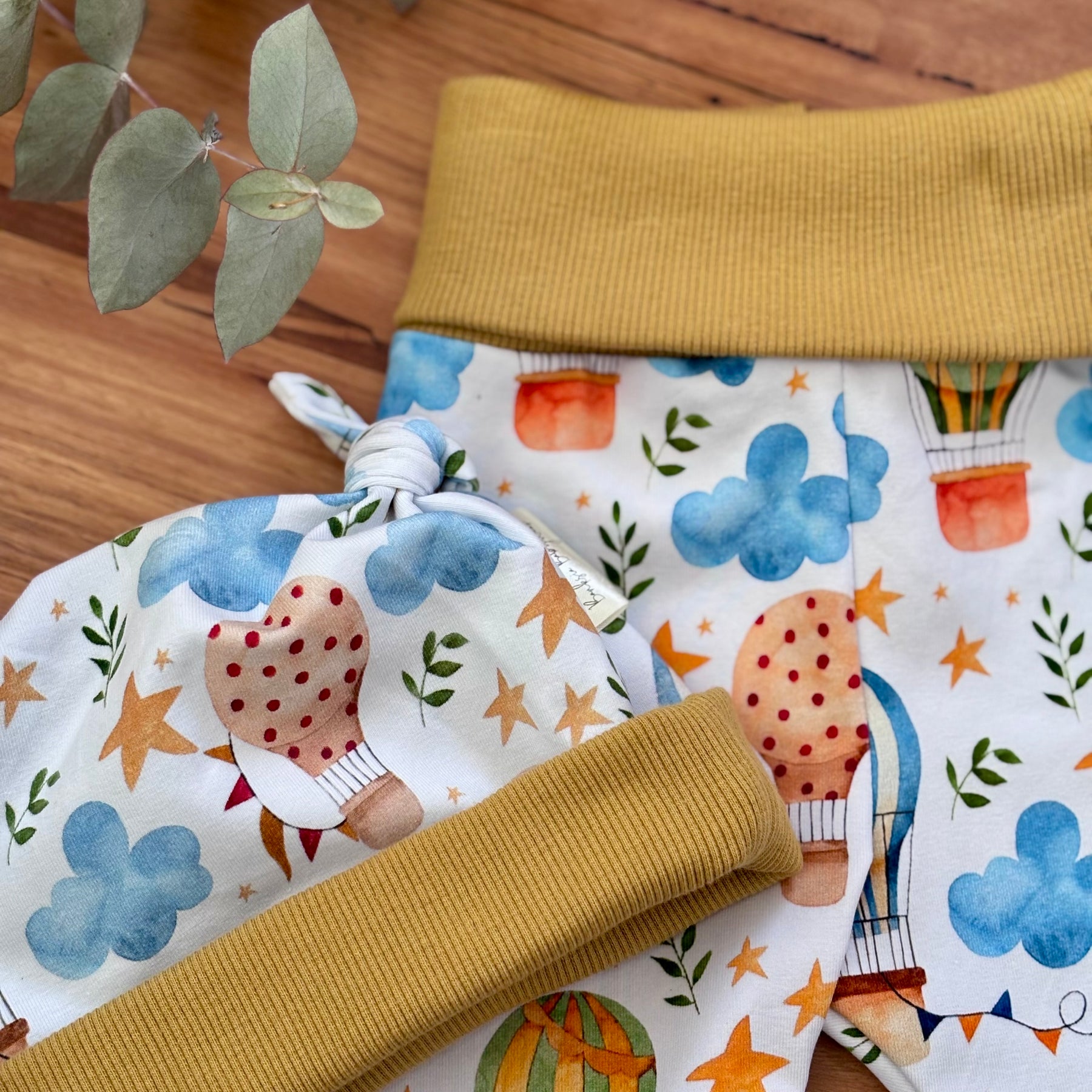 Baby Pants and Hat Set | Yellow Hot Air Balloons | Size newborn to 1 | Made to order