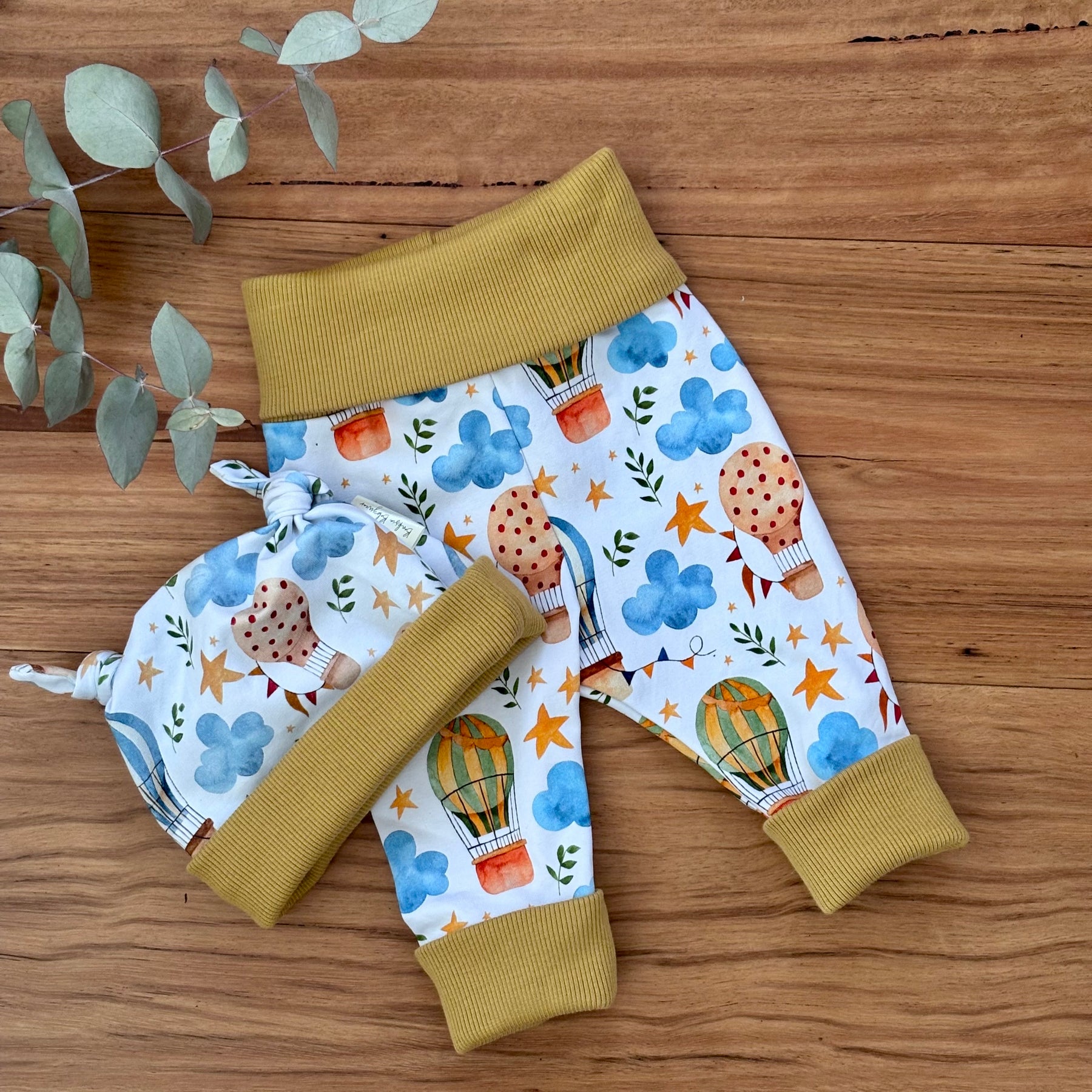 Baby Pants and Hat Set | Yellow Hot Air Balloons | Size newborn to 1 | Made to order