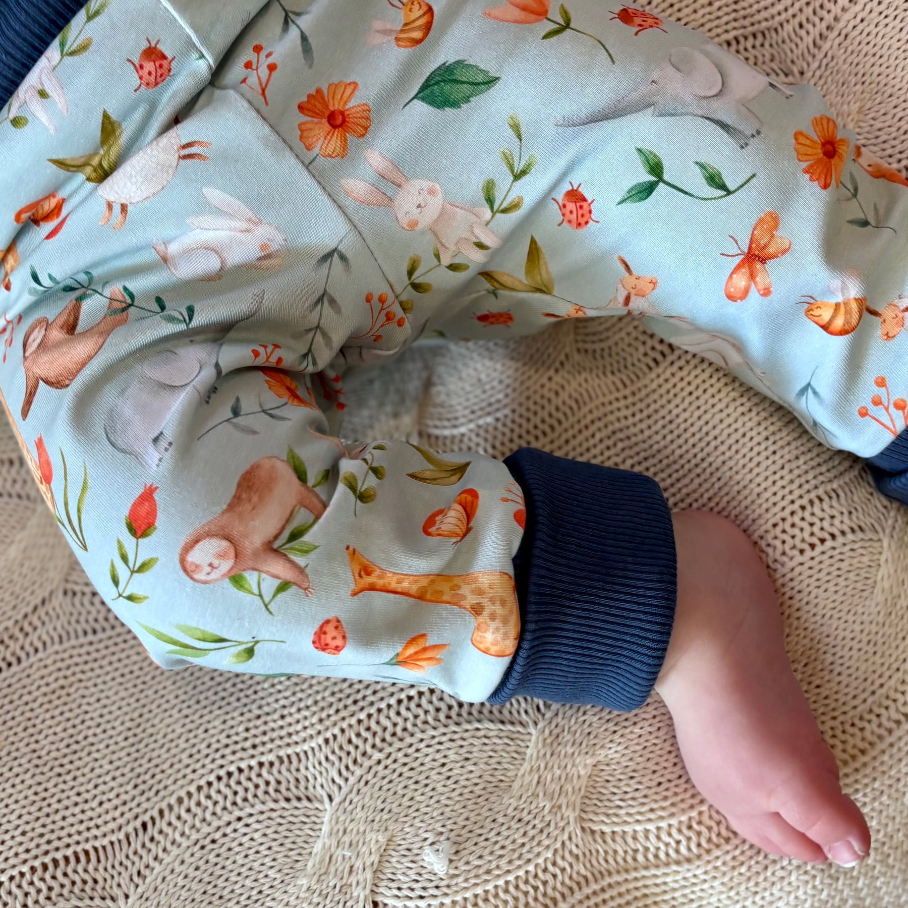 Baby Pants and Hat Set - Blue Floral Bunnies