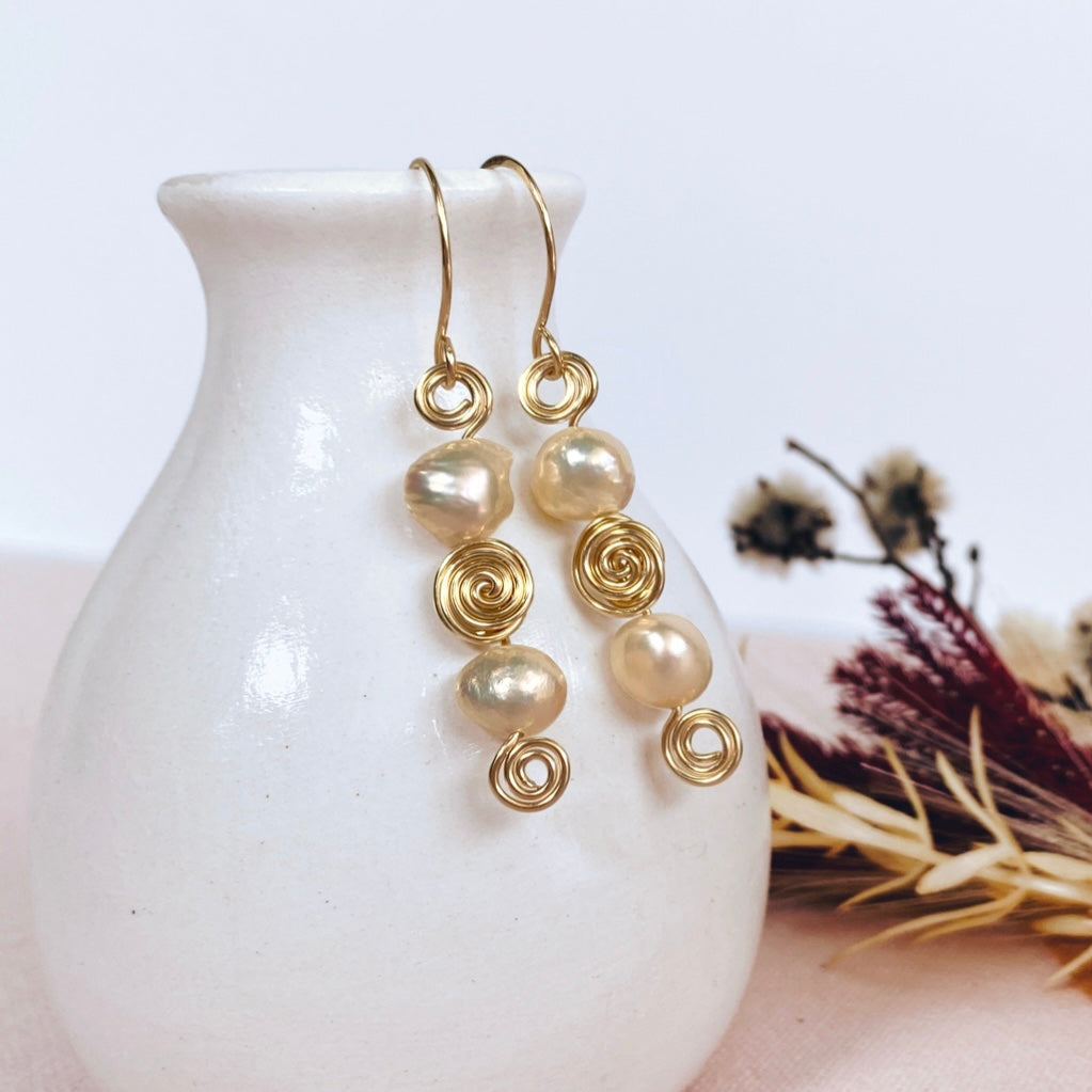 Pearl swirl dangle earrings | straight | Sterling silver or 14k gold-filled | June birthstone gift | Wedding jewellery